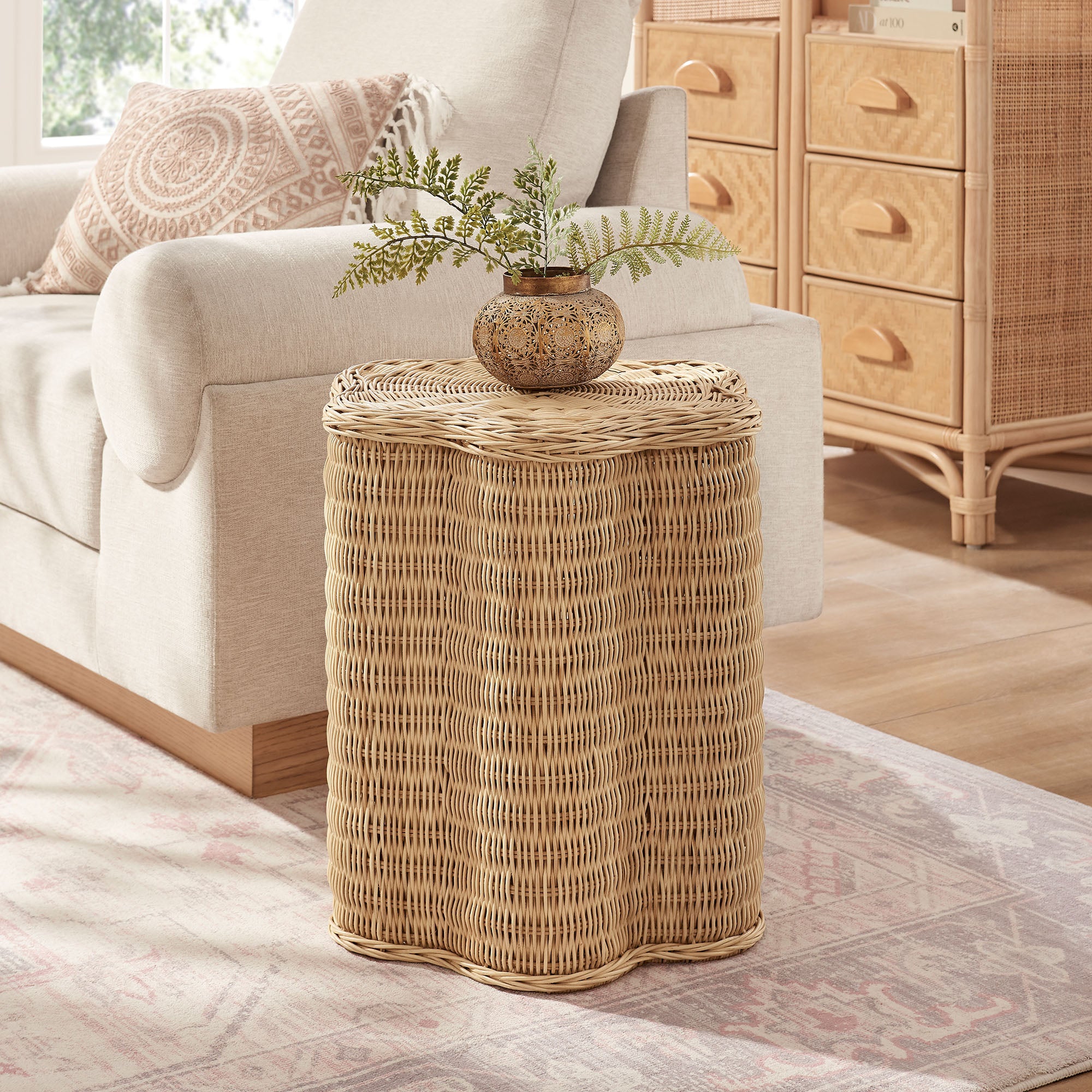 Erika Scalloped Natural Rattan Side Table, Natural