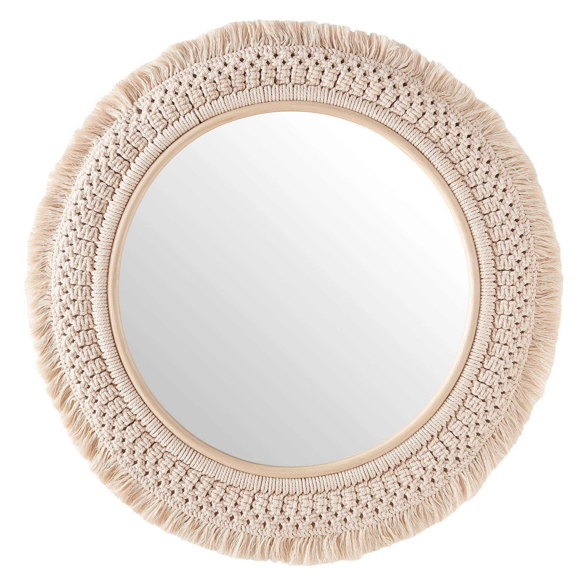 Jade Round Rattan Macrame Wall Mirror, Natural