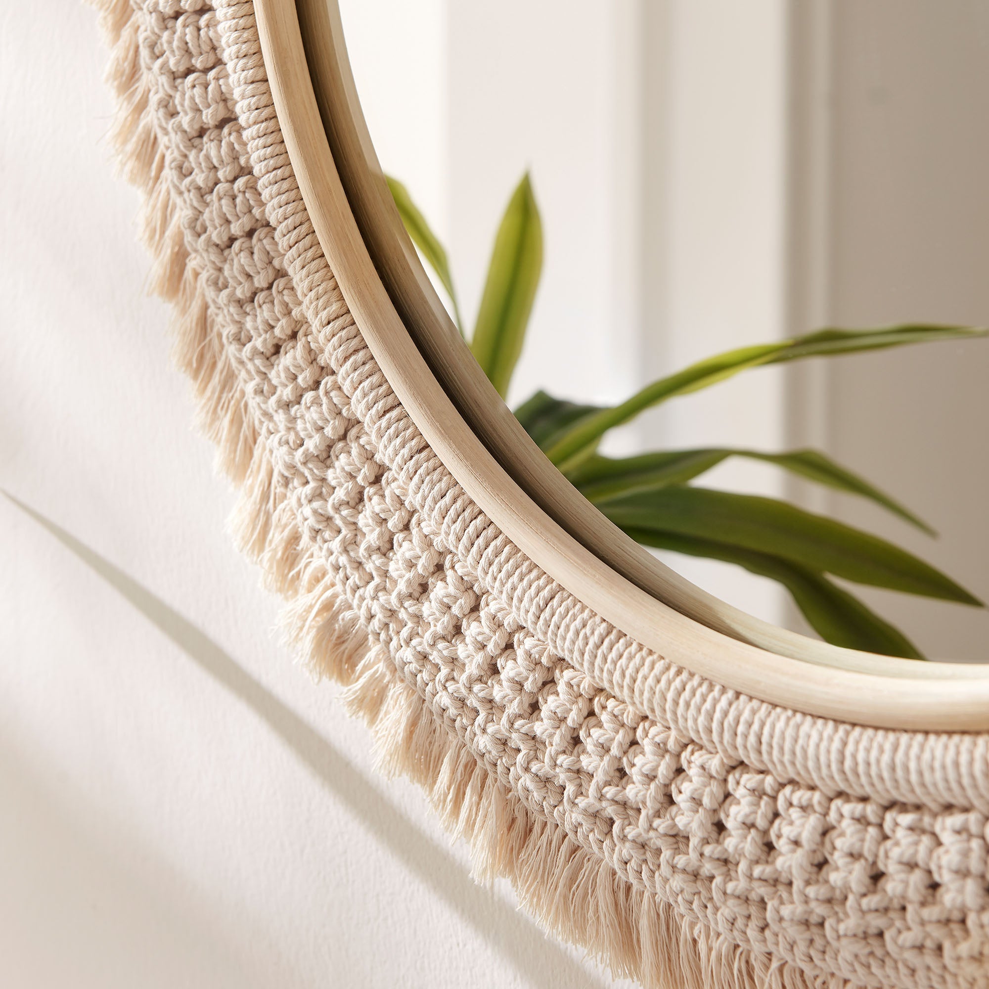 Jade Round Rattan Macrame Wall Mirror, Natural