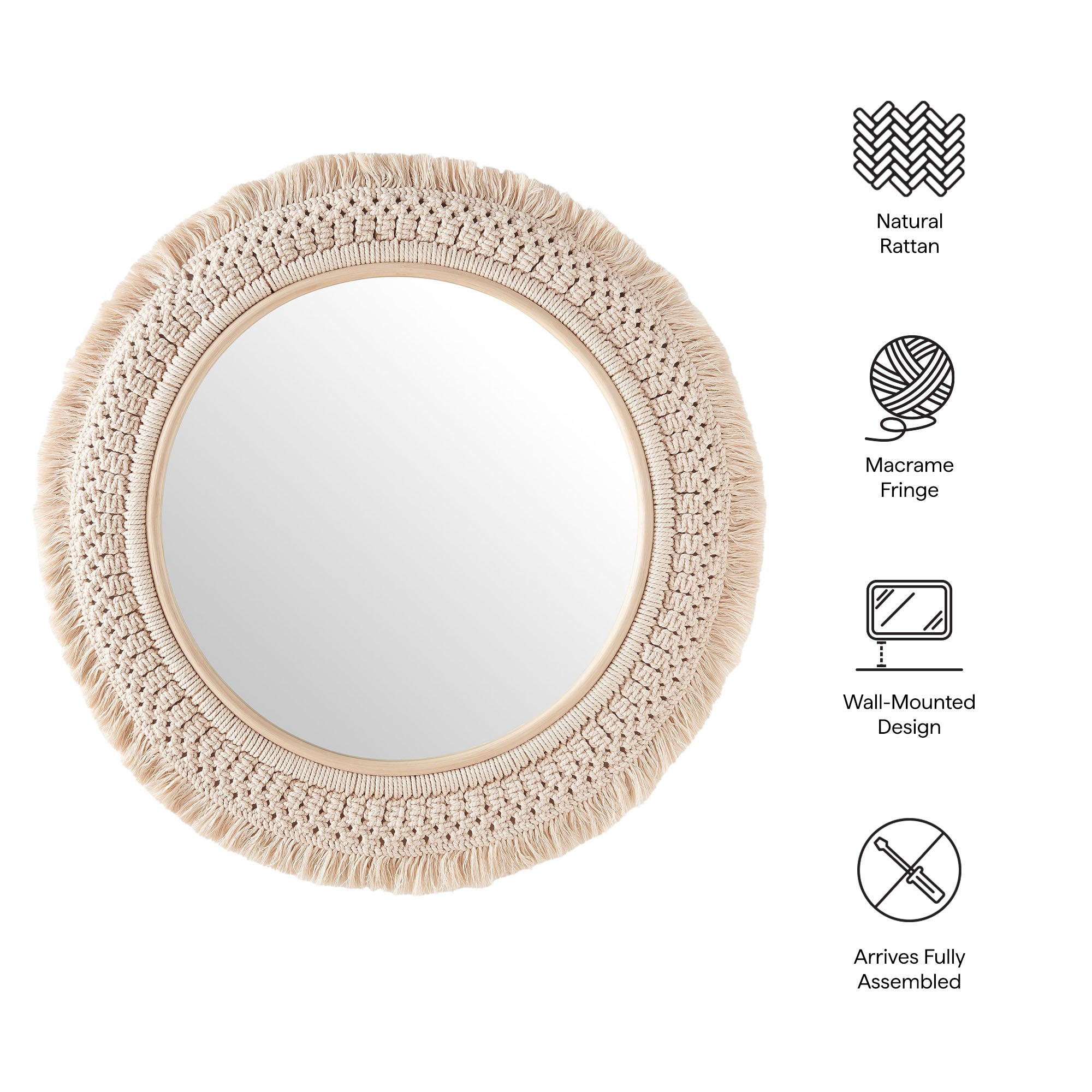 Jade Round Rattan Macrame Wall Mirror, Natural