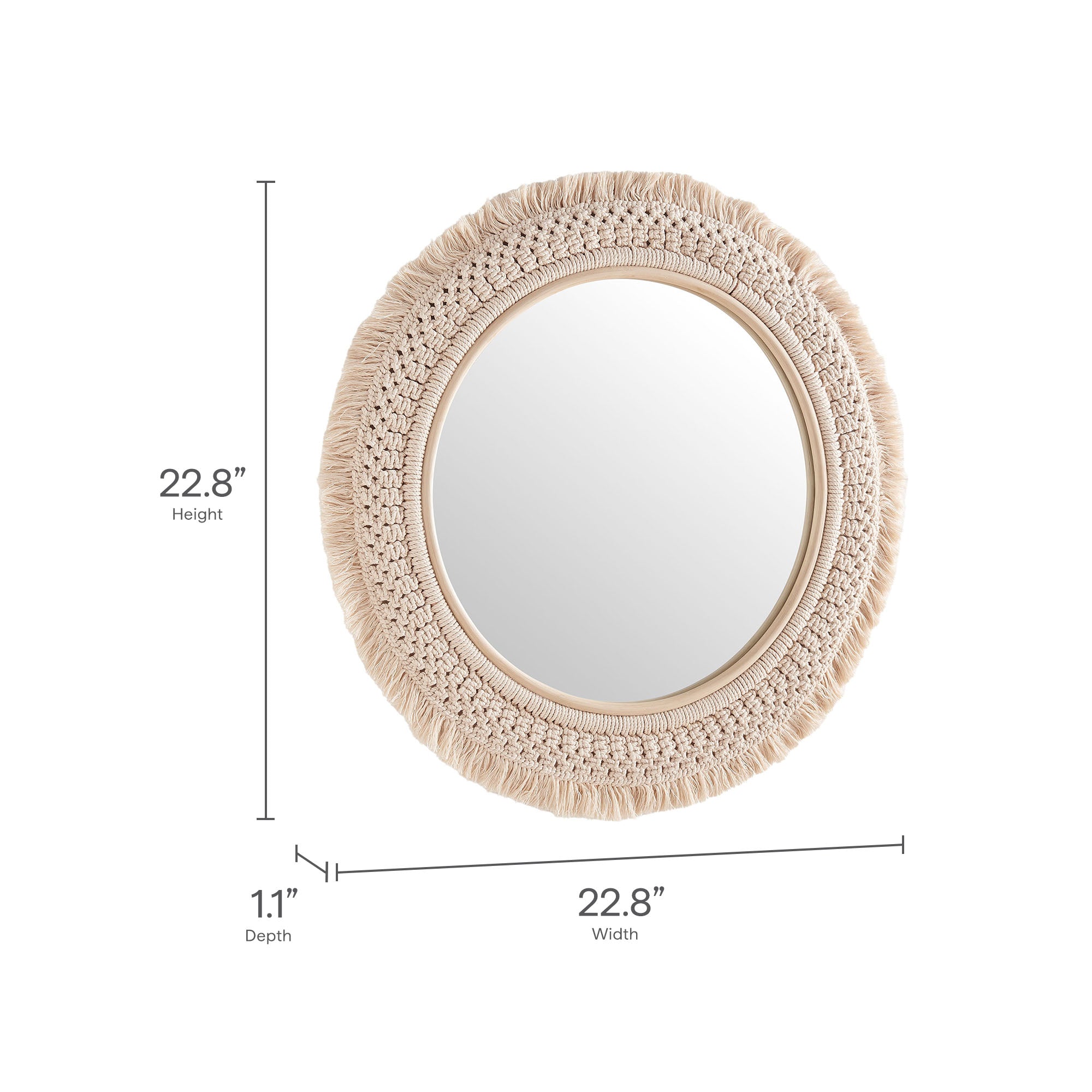 Jade Round Rattan Macrame Wall Mirror, Natural