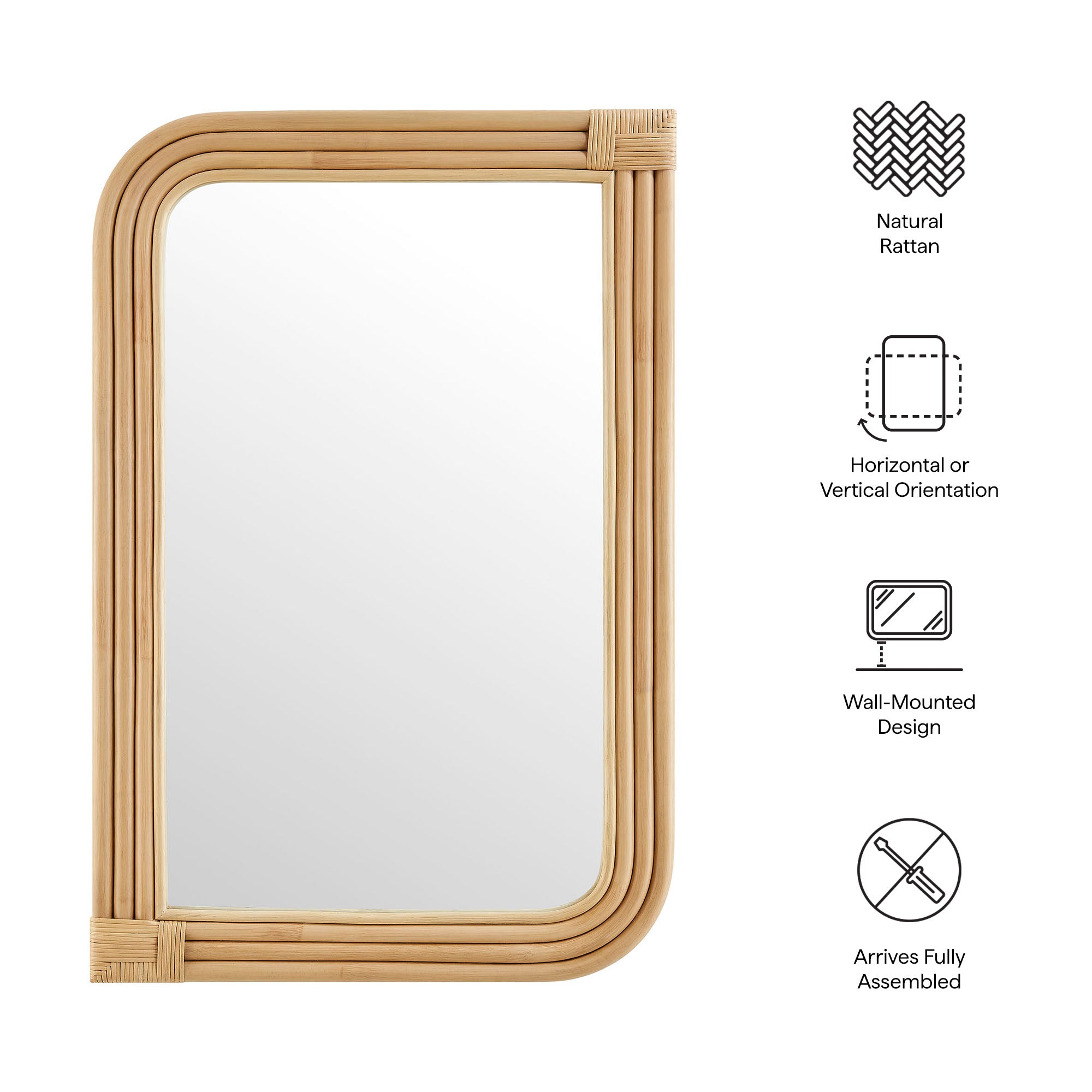 Corsica Curved Rectangle Rattan Wall Mirror, Natural