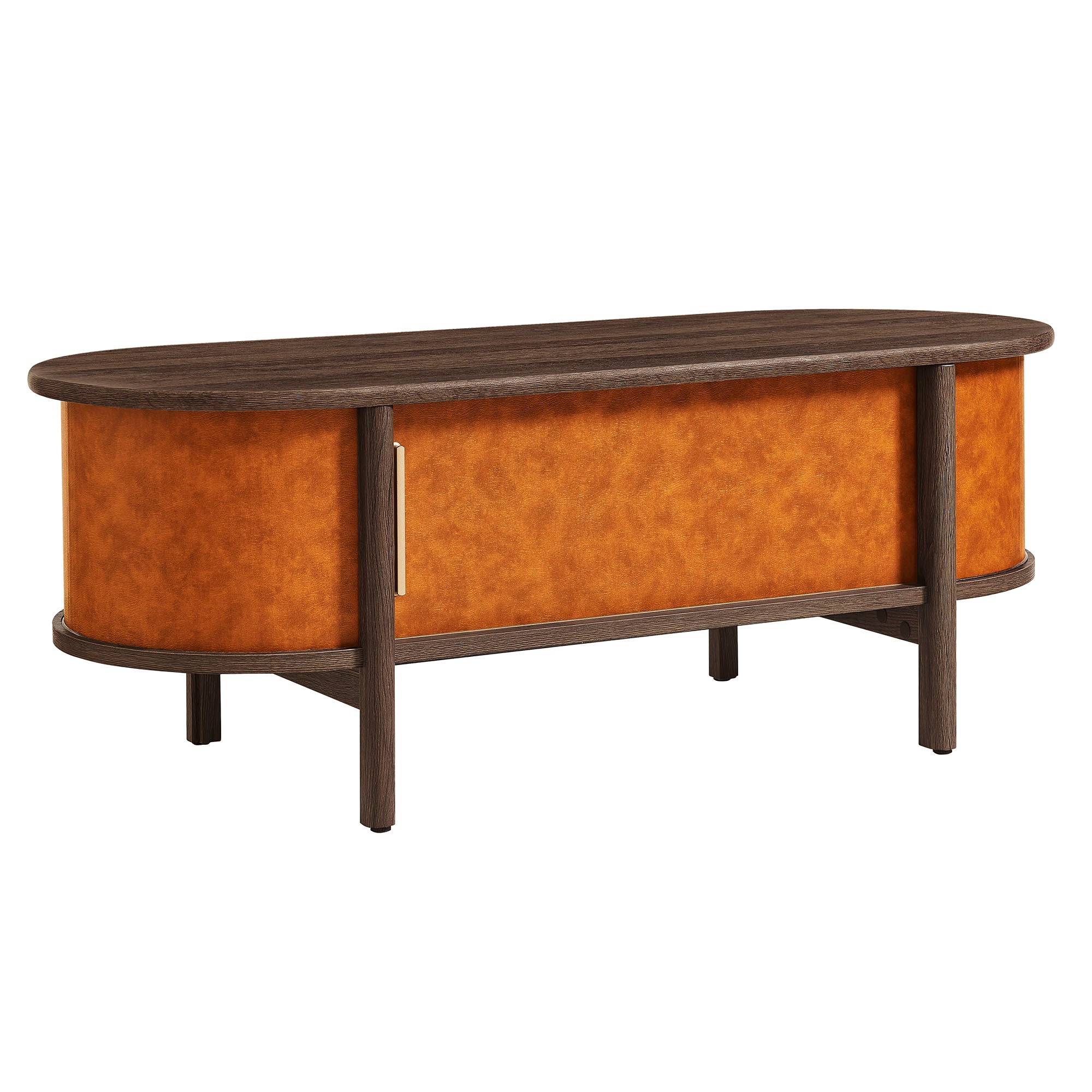 Coralie Curved Vegan Leather Oval Coffee Table, Walnut Tan
