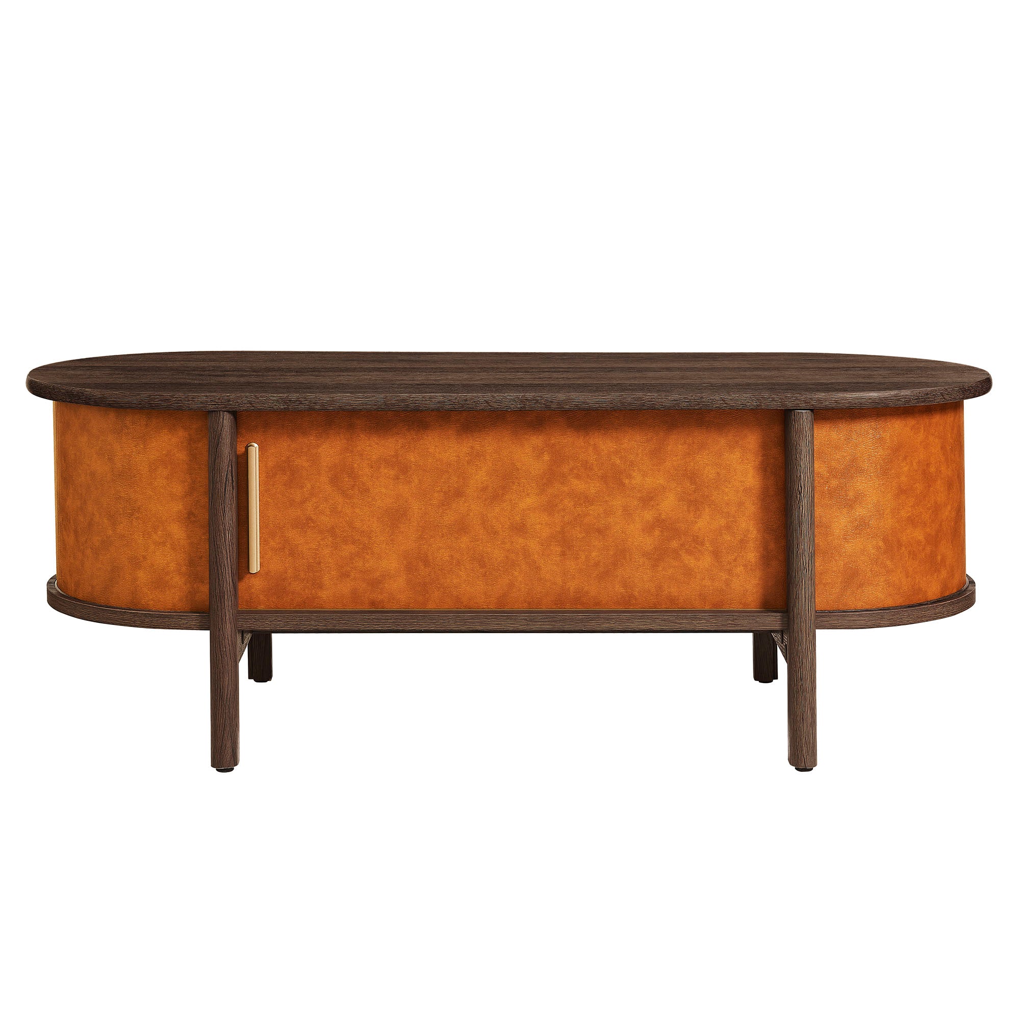 Coralie Curved Vegan Leather Oval Coffee Table, Walnut Tan