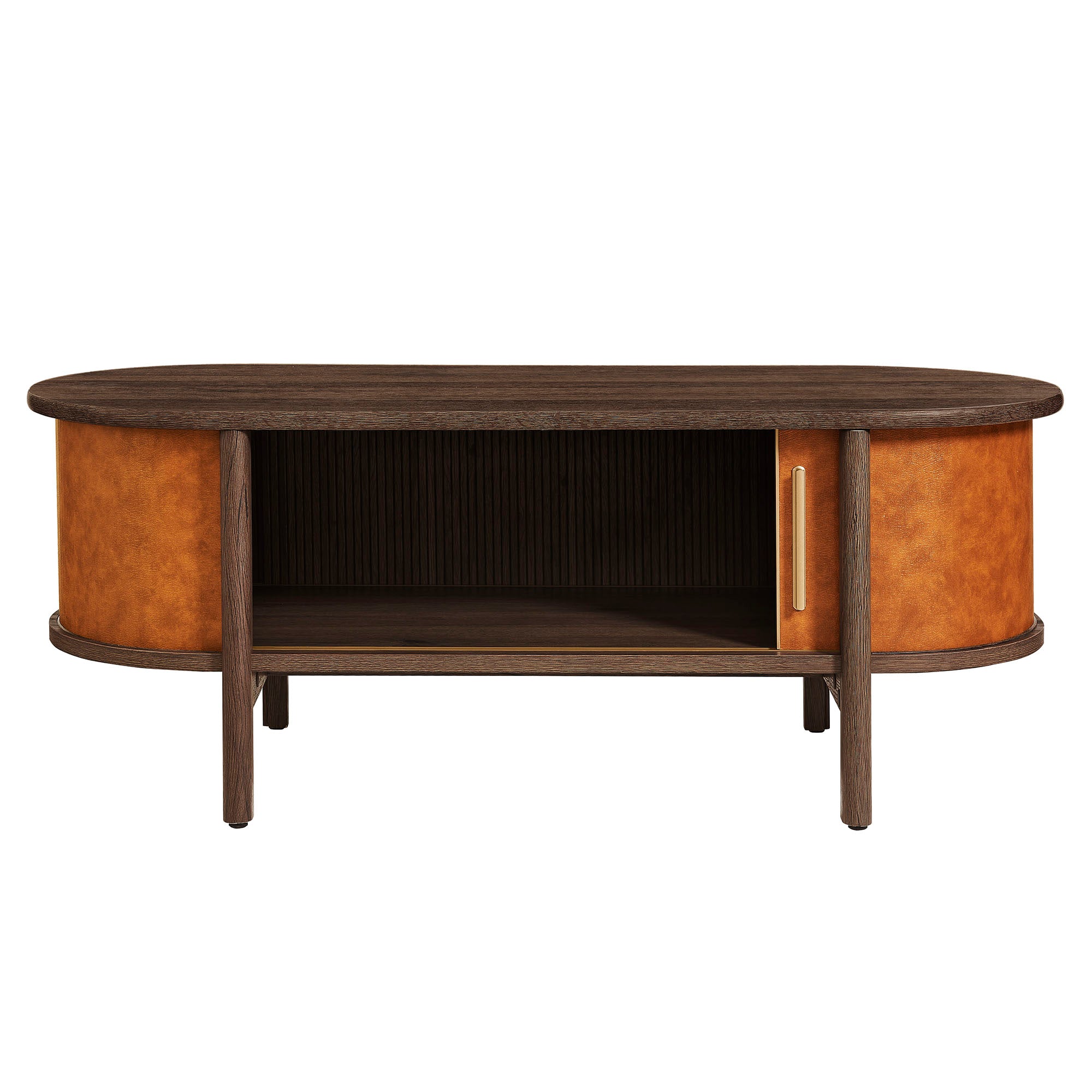 Coralie Curved Vegan Leather Oval Coffee Table, Walnut Tan