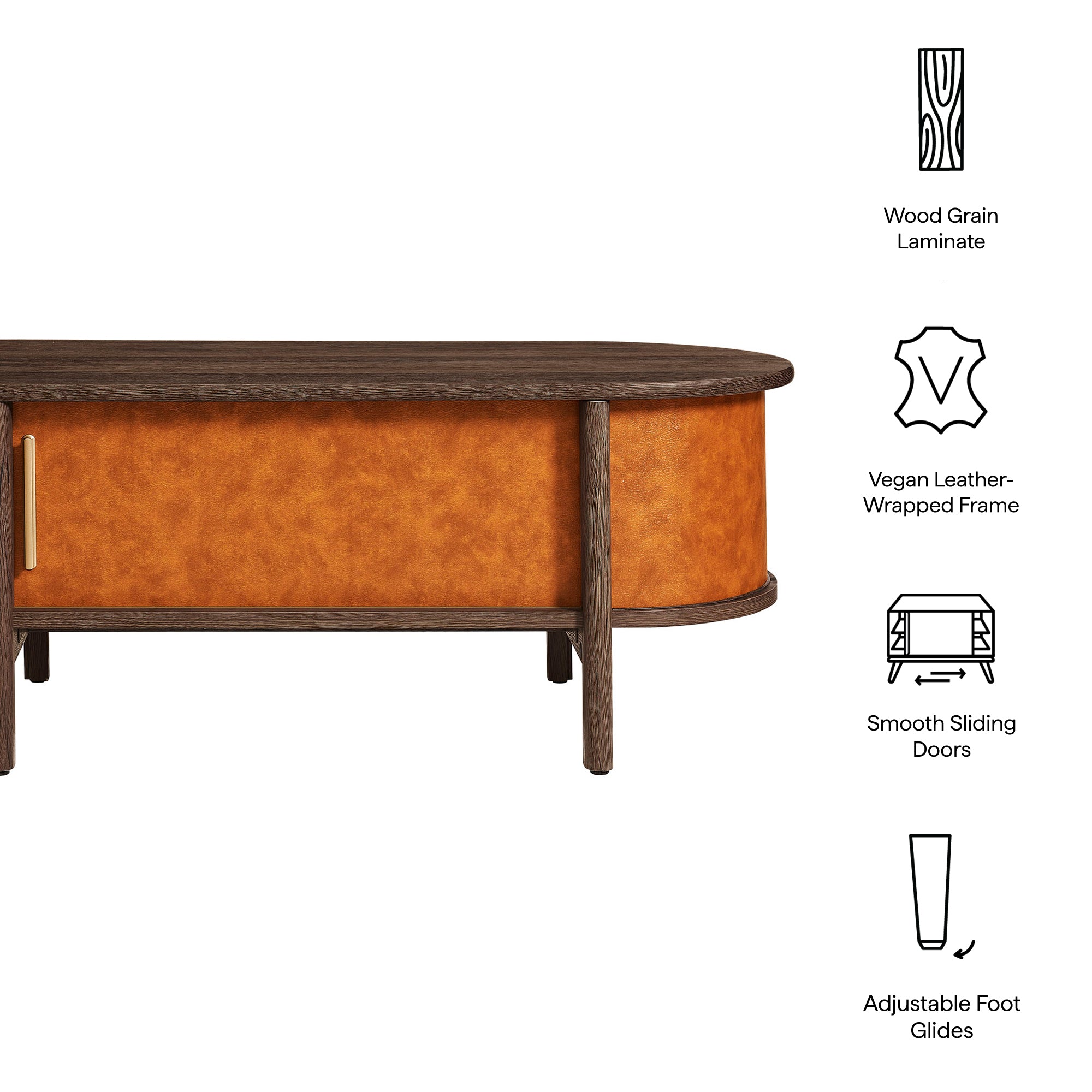 Coralie Curved Vegan Leather Oval Coffee Table, Walnut Tan