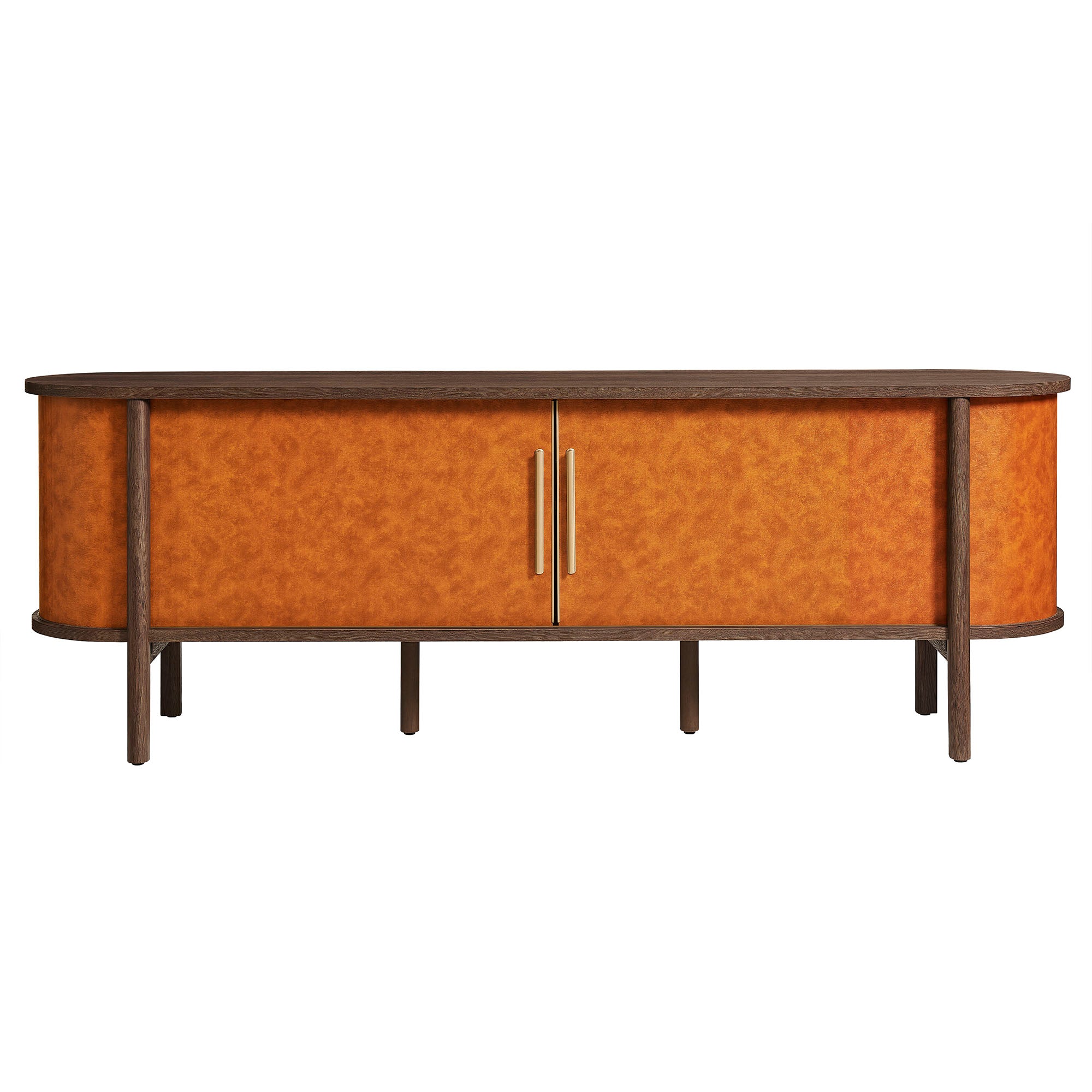 Coralie Curved 71" Vegan Leather Oval TV Stand, Walnut Tan