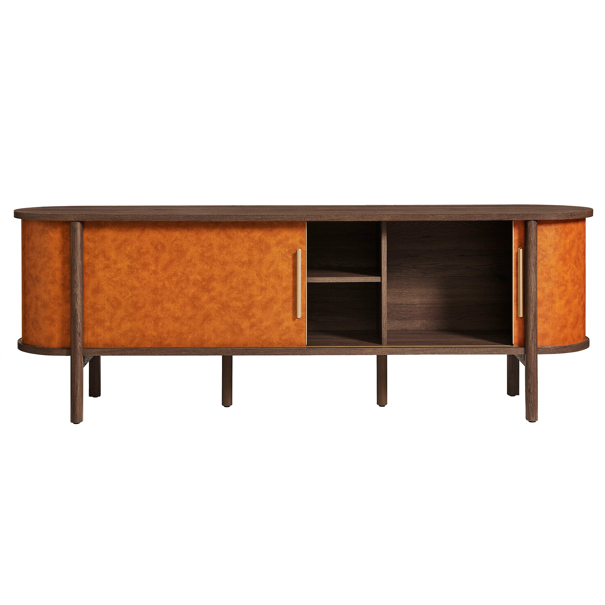 Coralie Curved 71" Vegan Leather Oval TV Stand, Walnut Tan