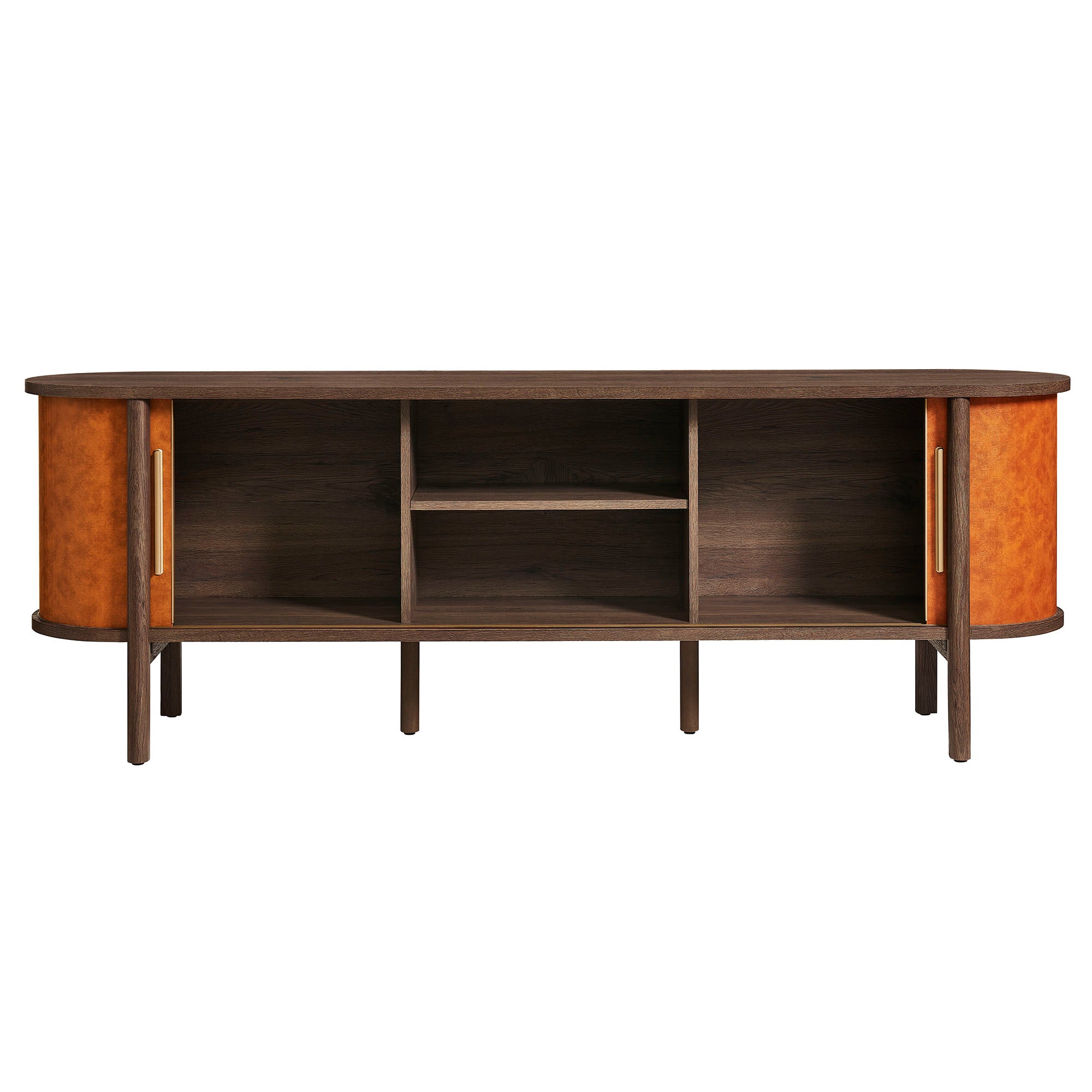 Coralie Curved 71" Vegan Leather Oval TV Stand, Walnut Tan