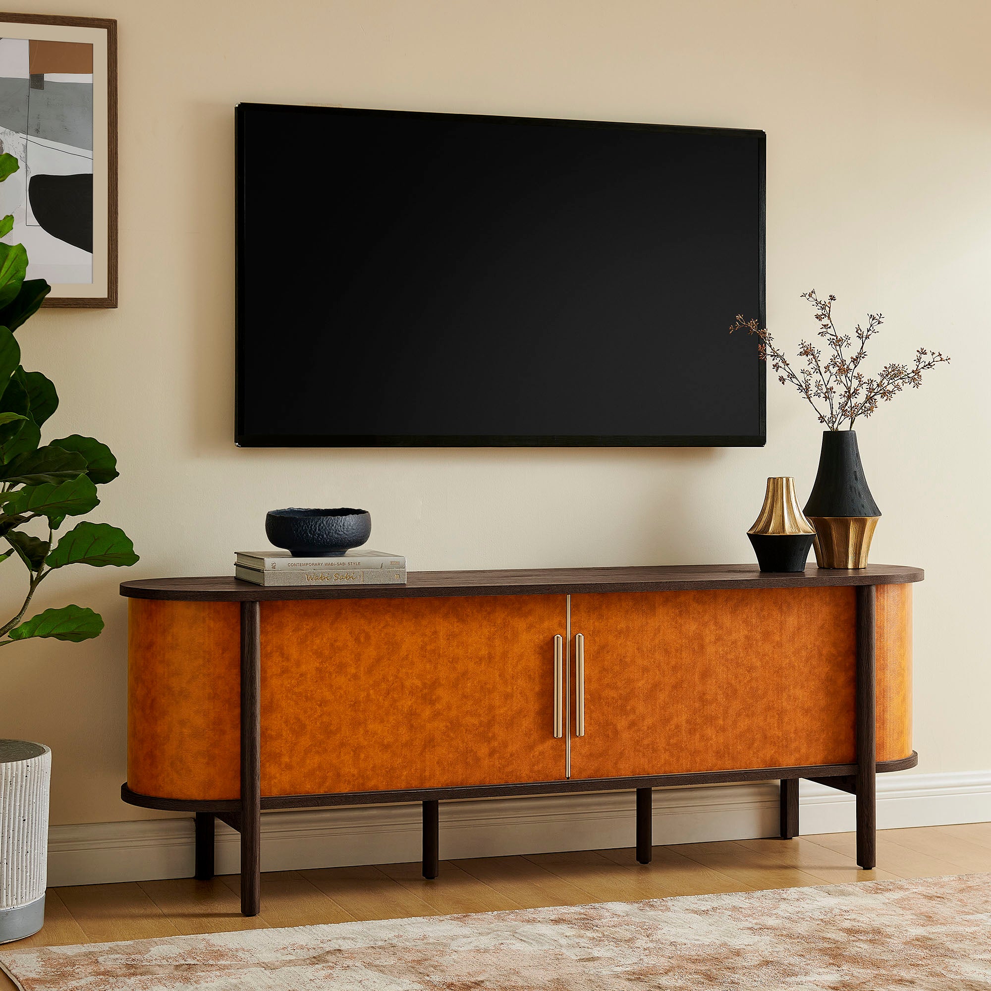 Coralie Curved 71" Vegan Leather Oval TV Stand, Walnut Tan