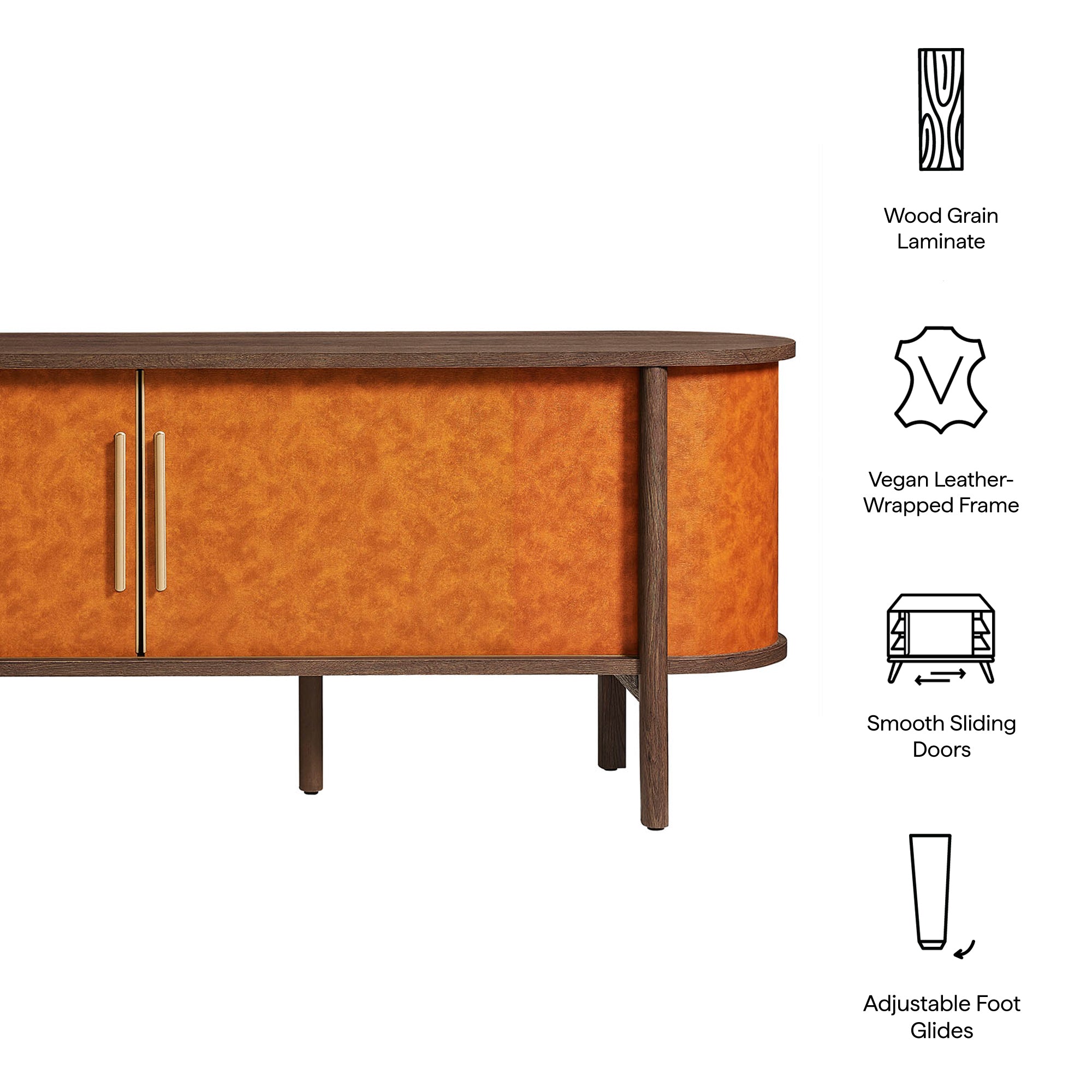 Coralie Curved 71" Vegan Leather Oval TV Stand, Walnut Tan