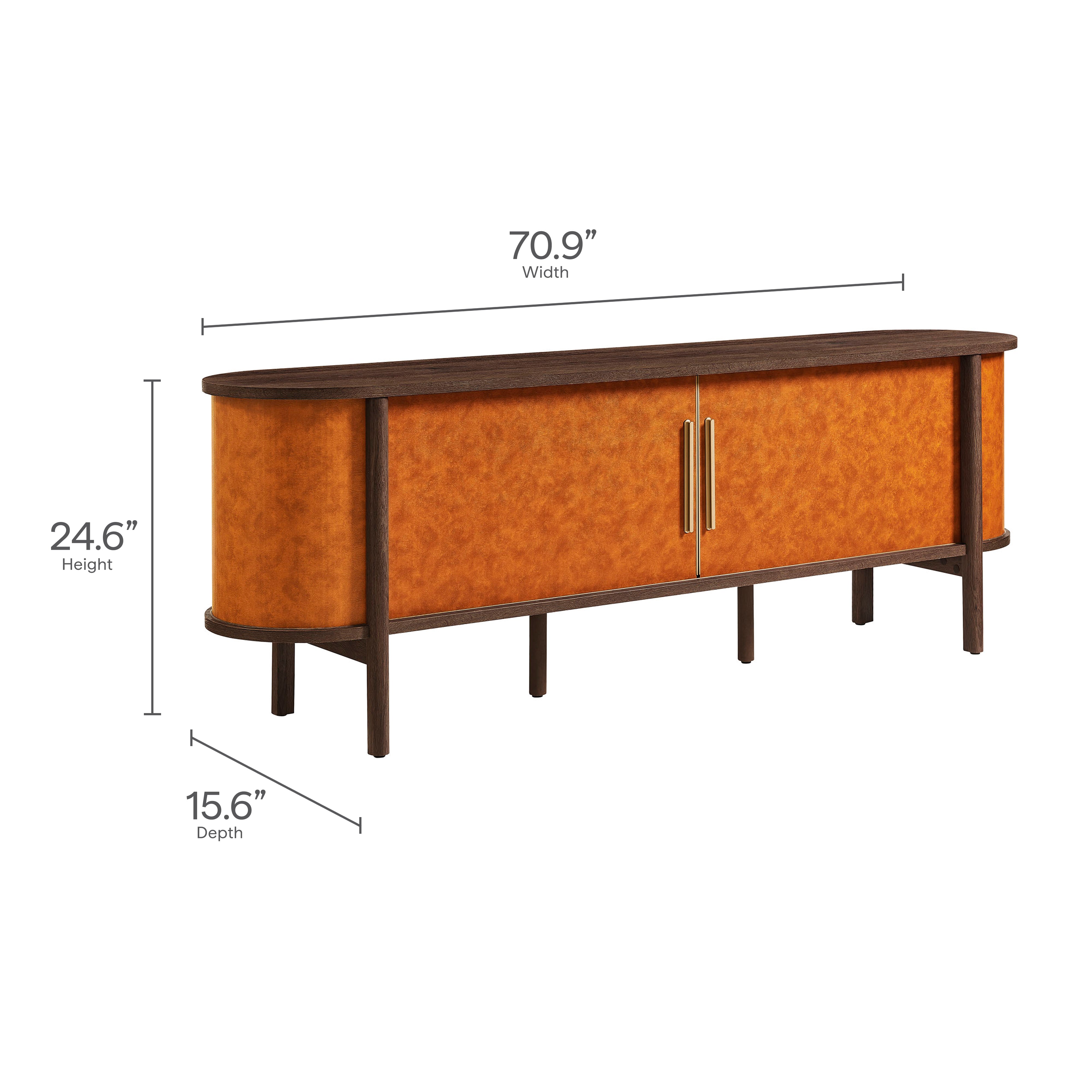 Coralie Curved 71" Vegan Leather Oval TV Stand, Walnut Tan