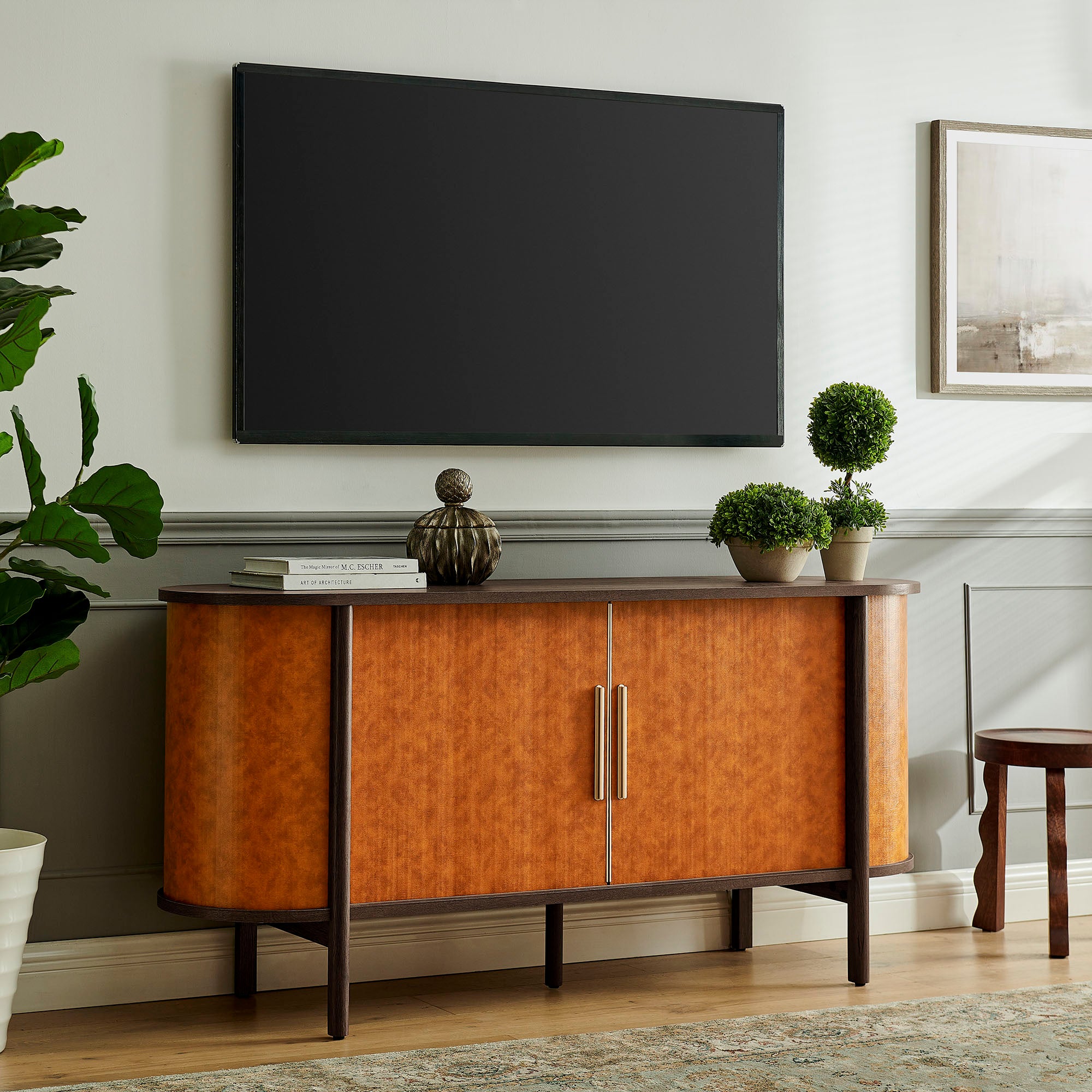 Coralie Curved Vegan Leather Oval Sideboard, Walnut Tan