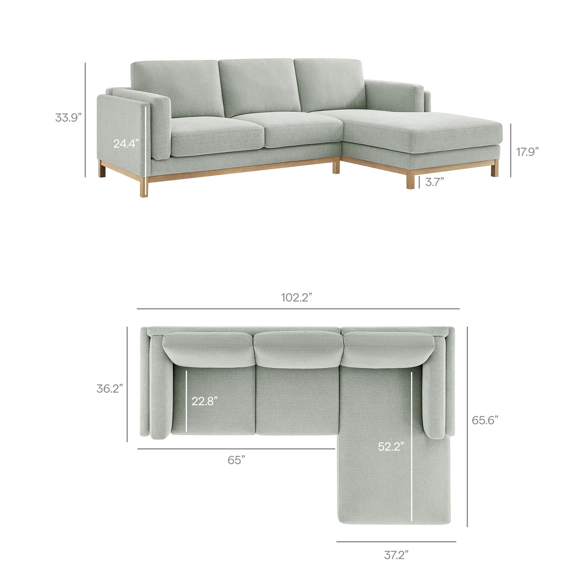 Roscoe Right-Facing Fabric Sectional Sofa with Chaise, Mist