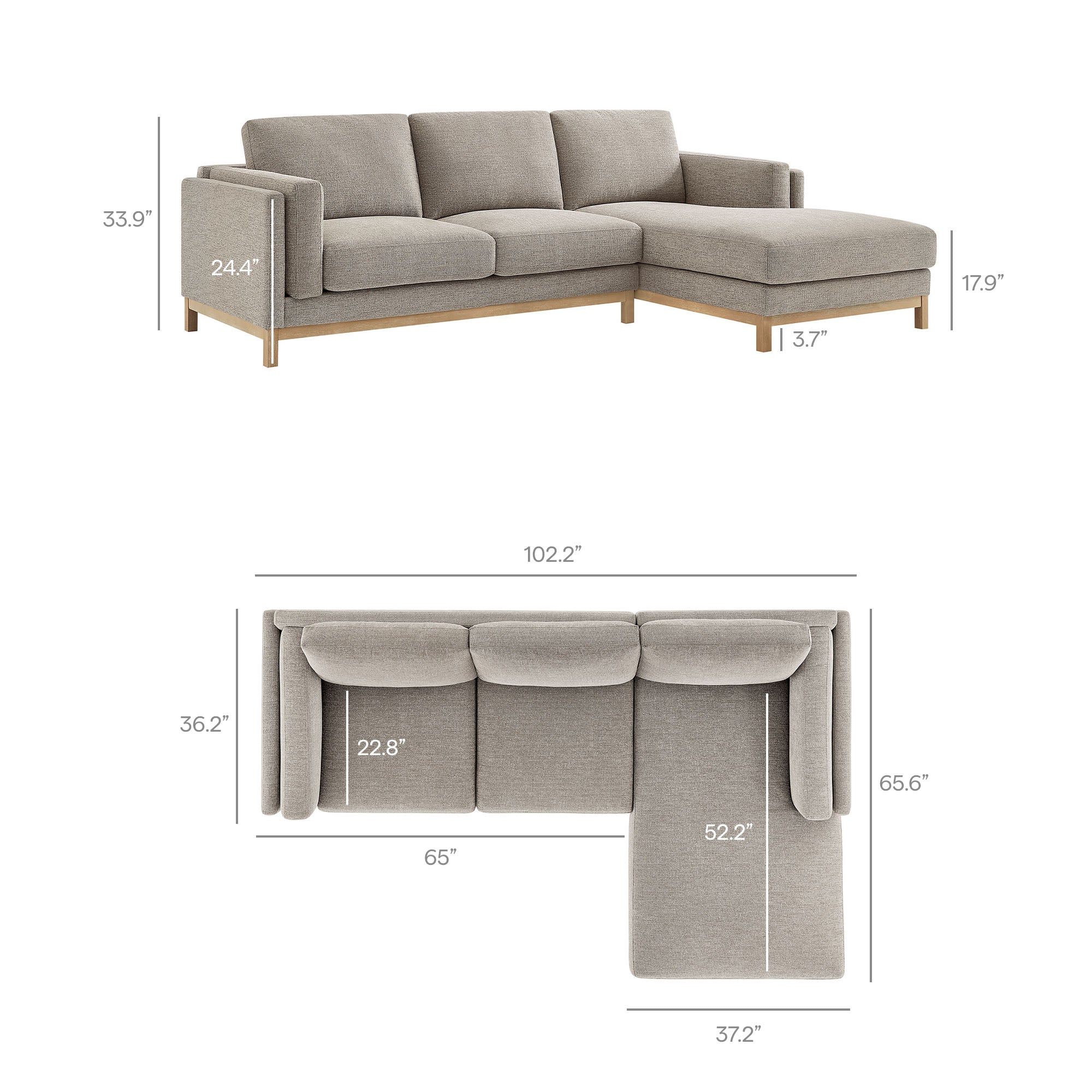 Roscoe Right-Facing Fabric Sectional Sofa with Chaise, Pewter