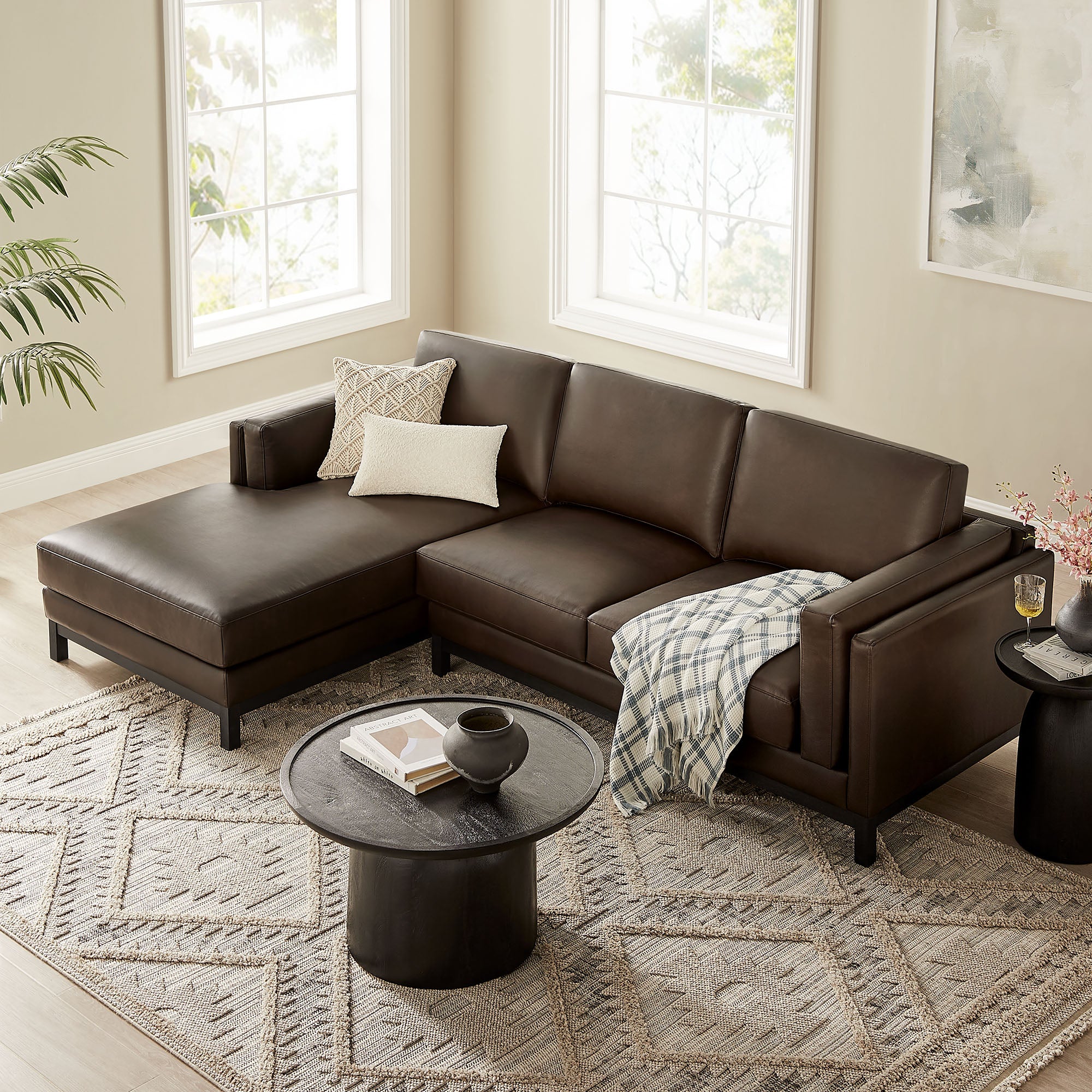 Roscoe Left-Facing Vegan Leather Sectional Sofa with Chaise, Espresso