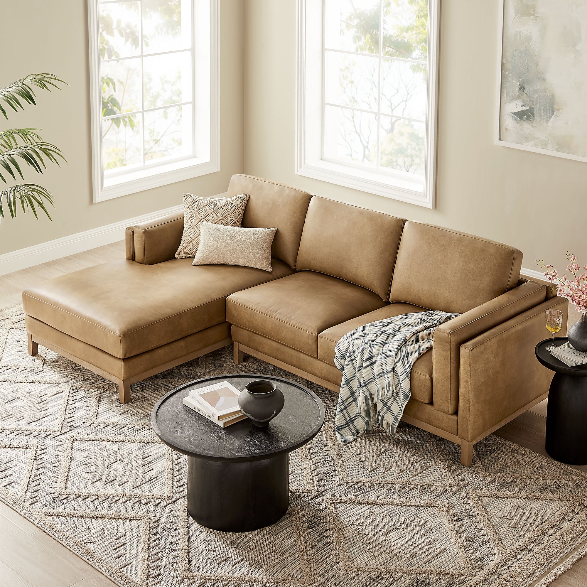 Roscoe Left-Facing Vegan Leather Sectional Sofa with Chaise, Toast