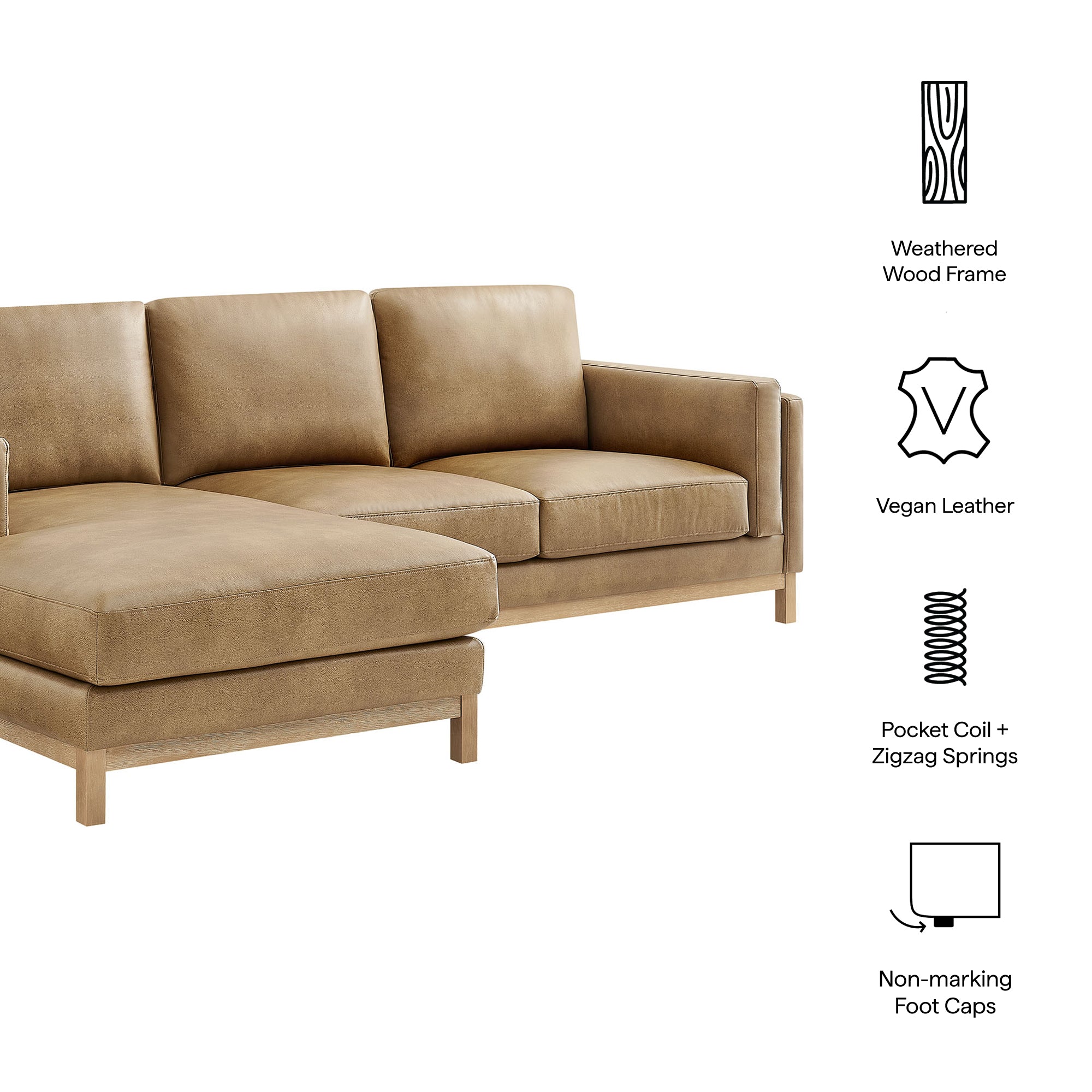 Roscoe Left-Facing Vegan Leather Sectional Sofa with Chaise, Toast