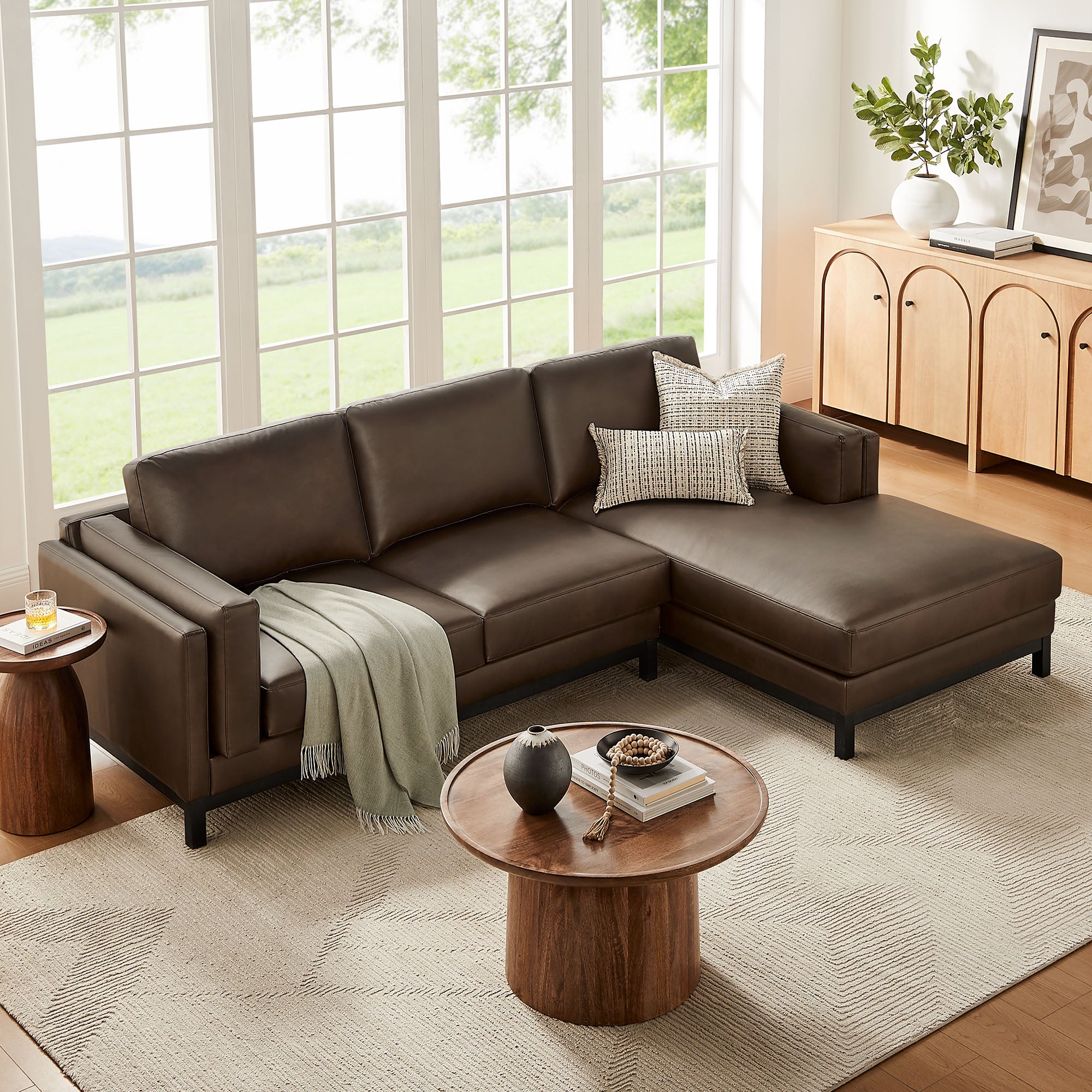 Roscoe Right-Facing Vegan Leather Sectional Sofa with Chaise, Espresso