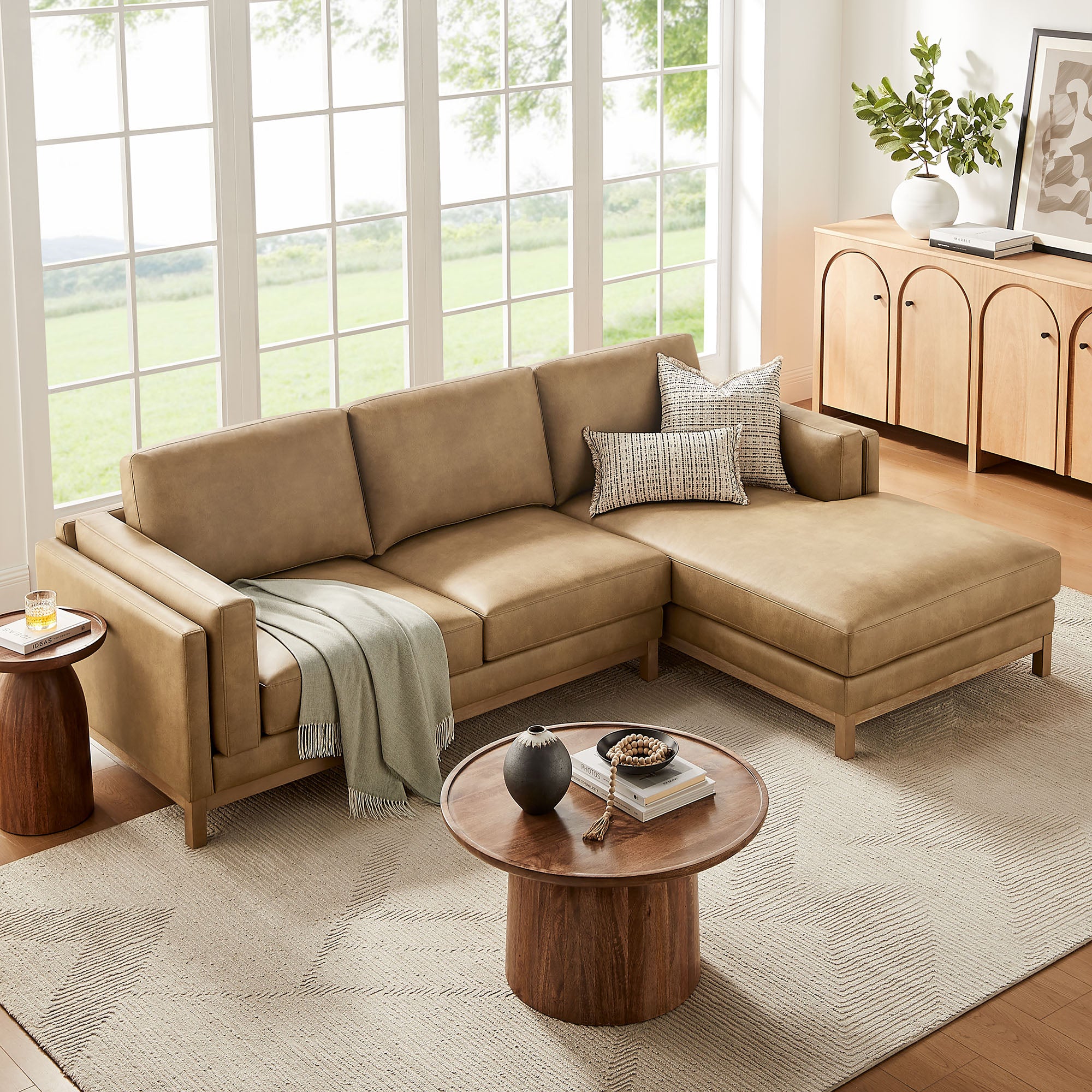 Roscoe Right-Facing Vegan Leather Sectional Sofa with Chaise, Toast