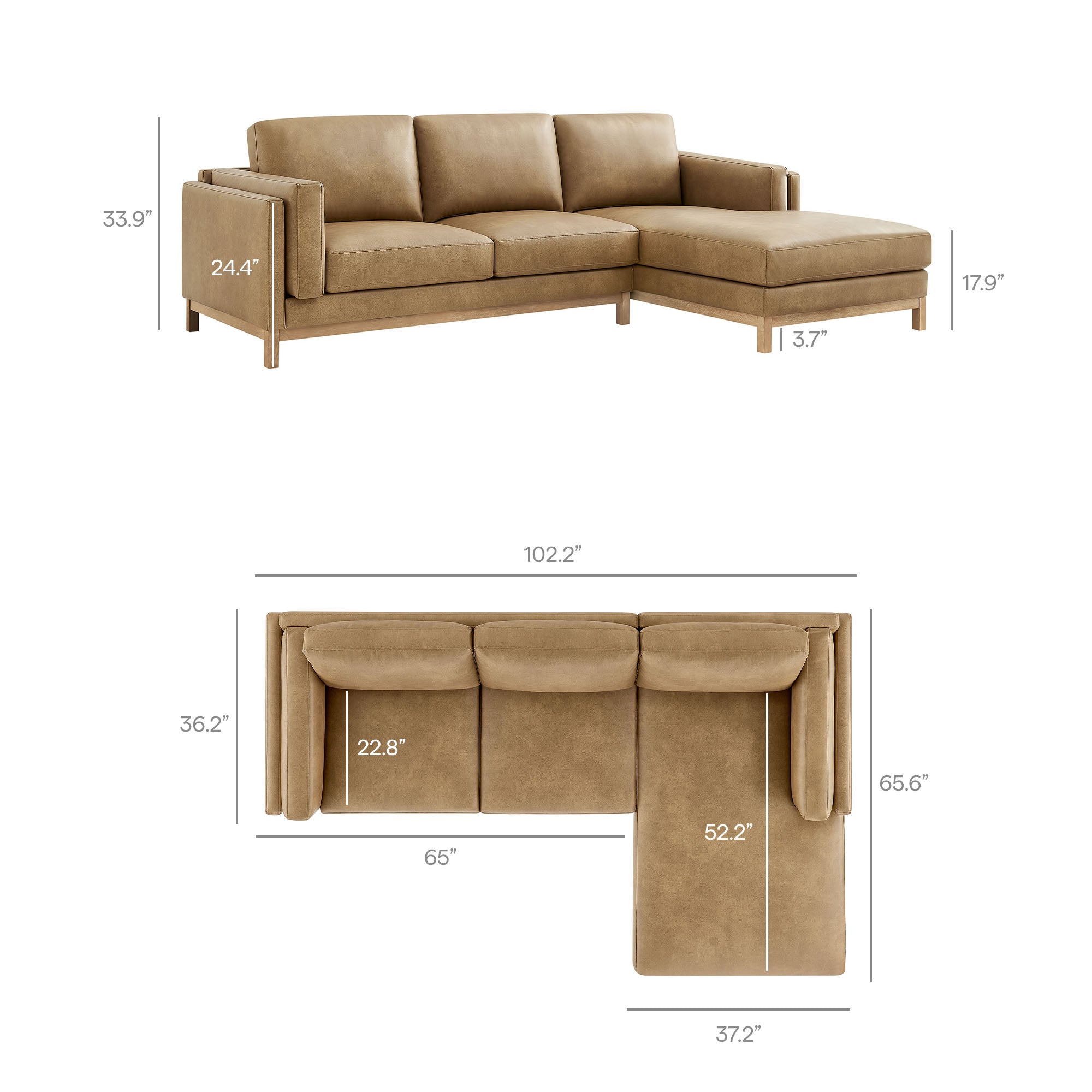 Roscoe Right-Facing Vegan Leather Sectional Sofa with Chaise, Toast