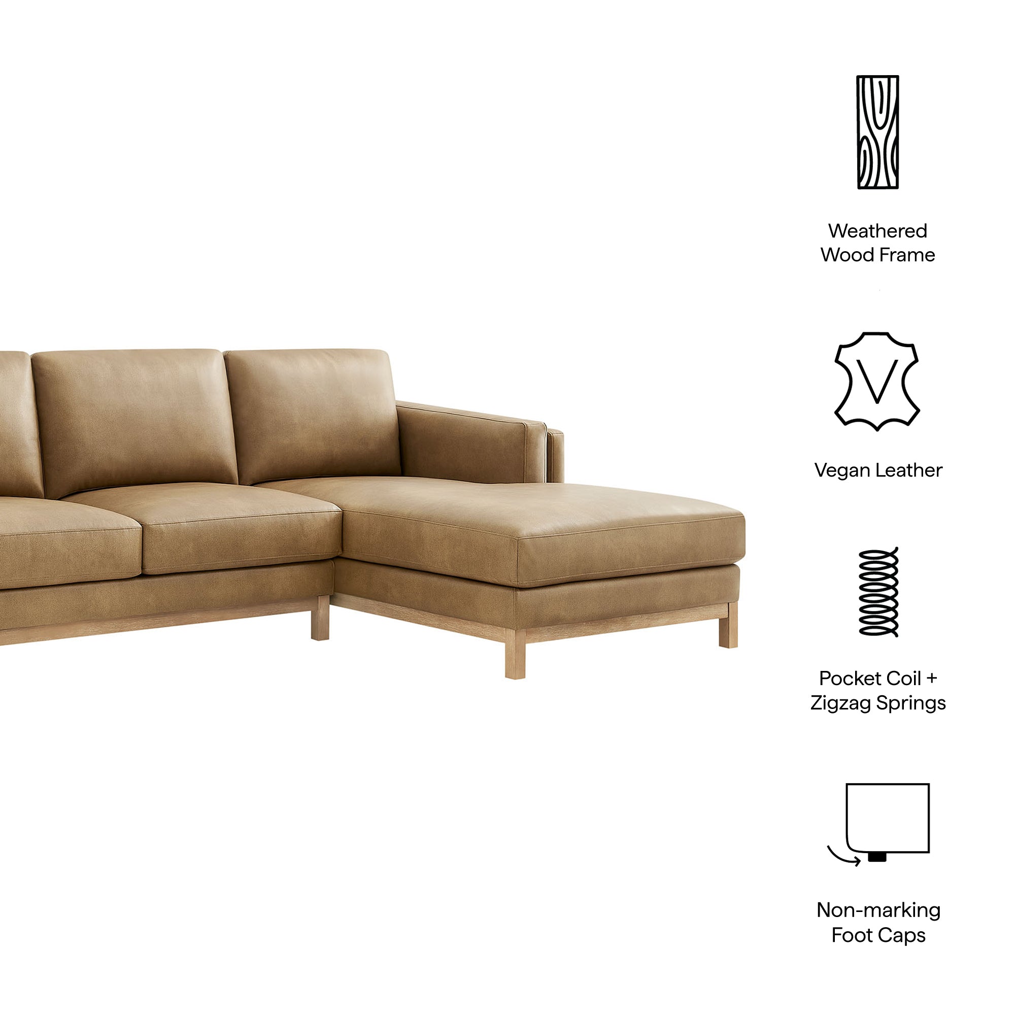 Roscoe Right-Facing Vegan Leather Sectional Sofa with Chaise, Toast