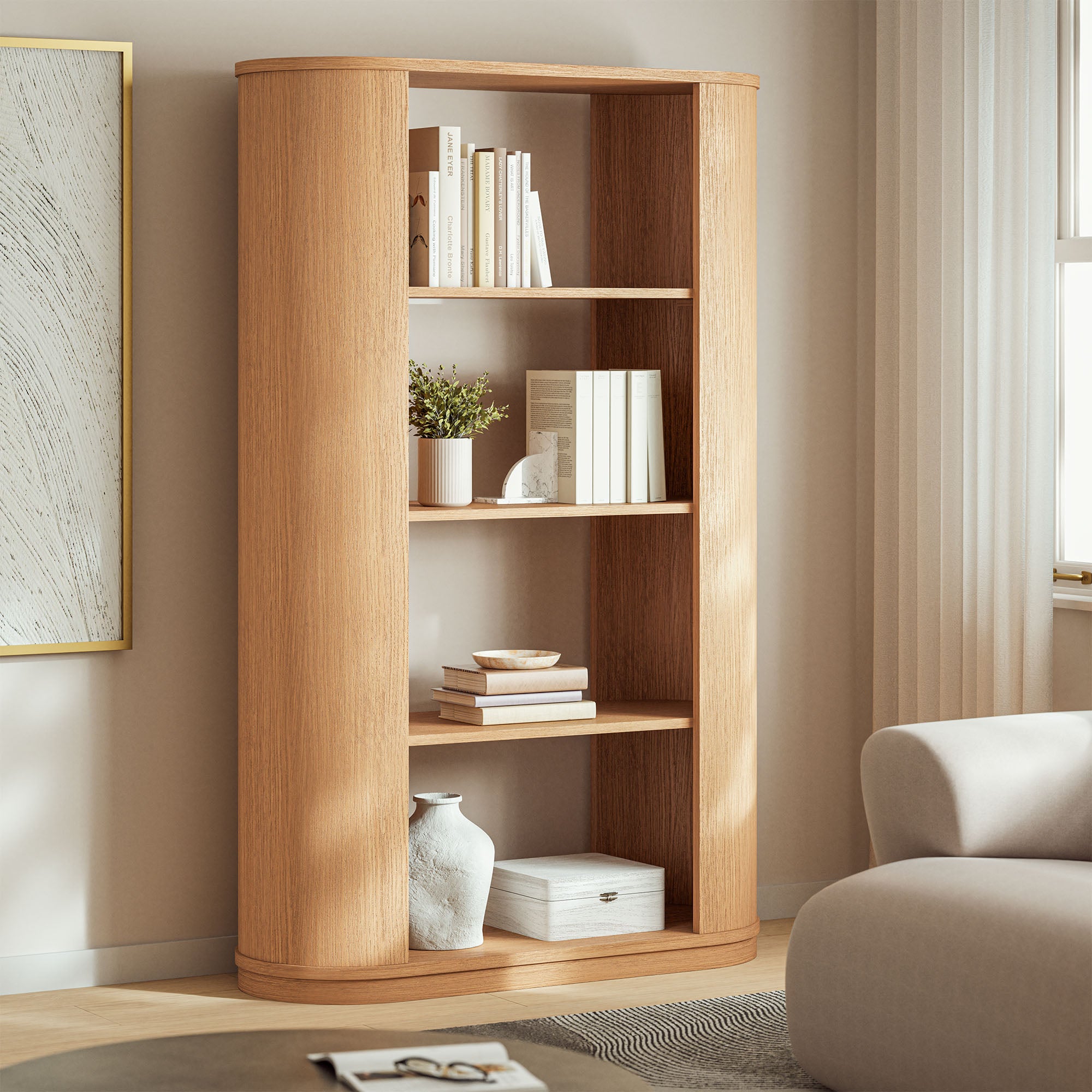 Aspect 74 Inch Curved 4 Tier Bookshelf, Natural