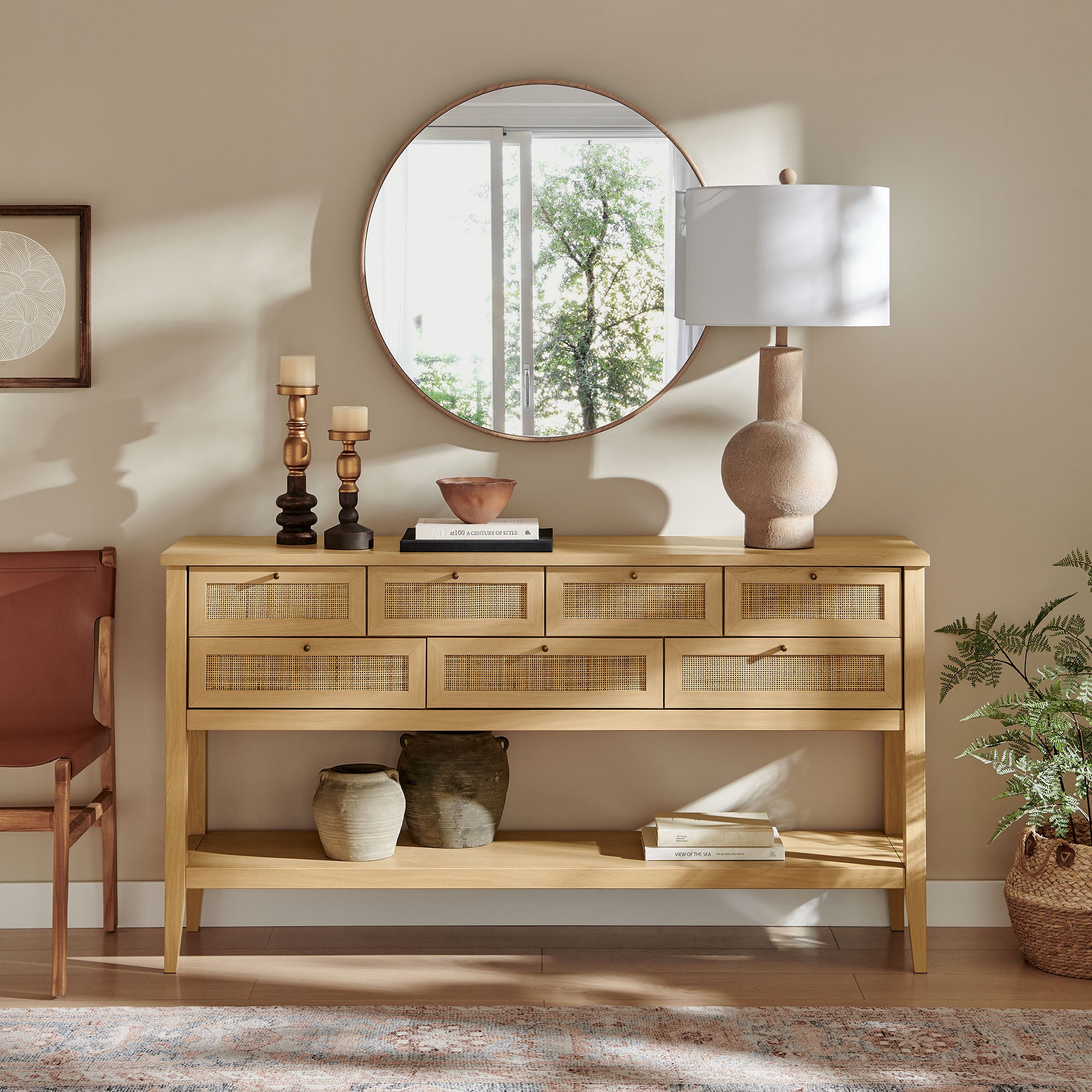 Soma 62 Inch Rattan Console Table, Oak
