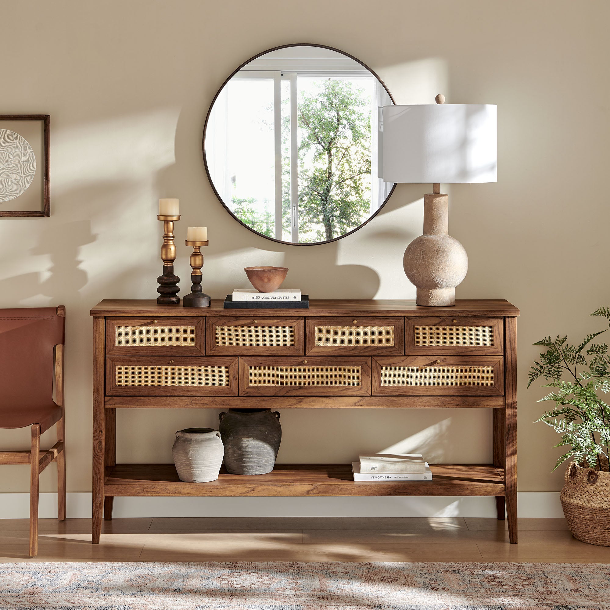 Soma 62 Inch Rattan Console Table, Walnut