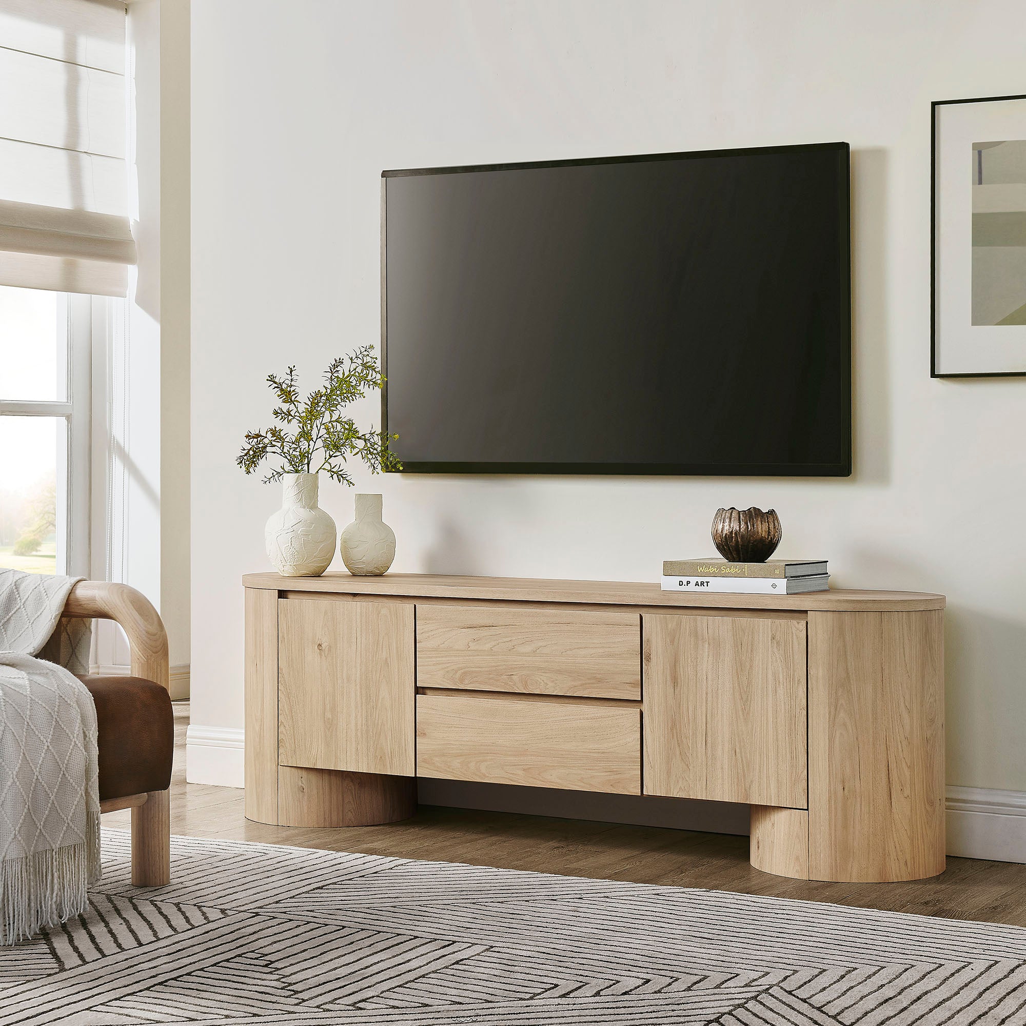 Duval 71 Inch Oval TV Cabinet, Light Oak