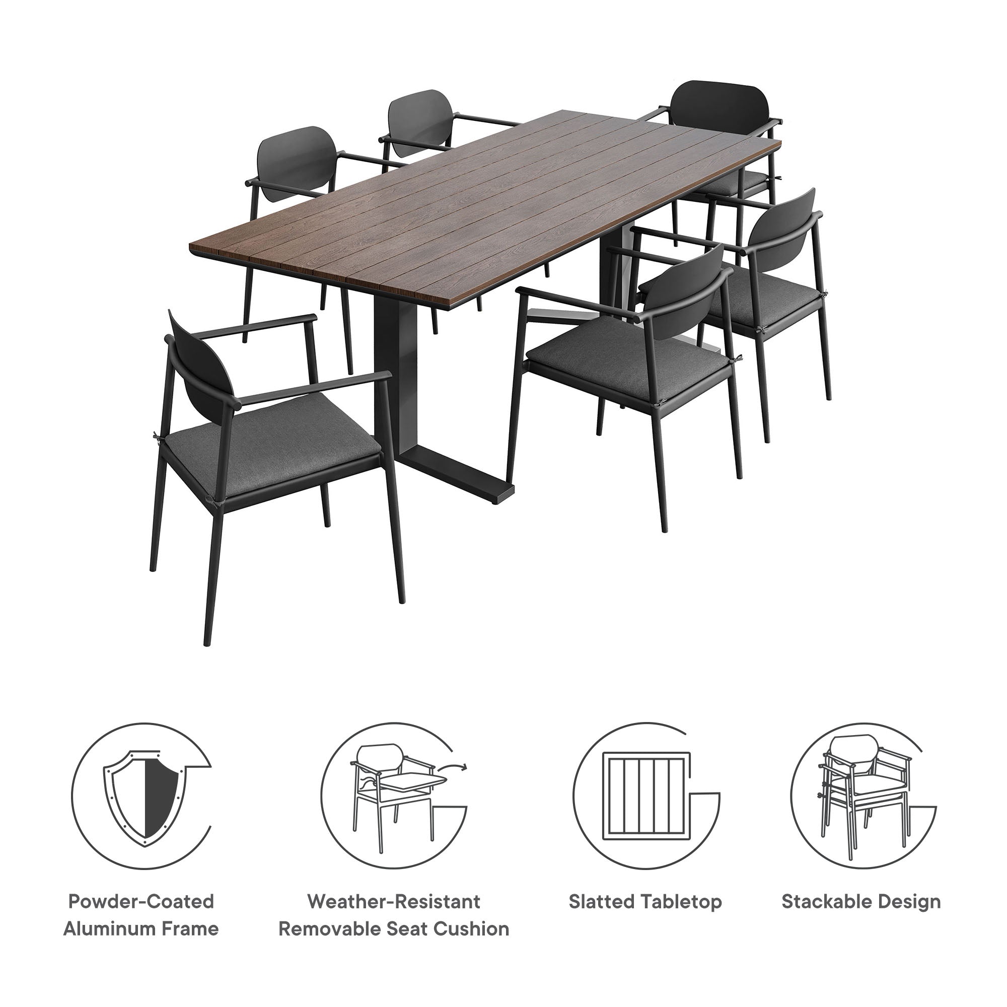 Aeris 7-Piece Outdoor Patio Aluminum Dining Set, Charcoal