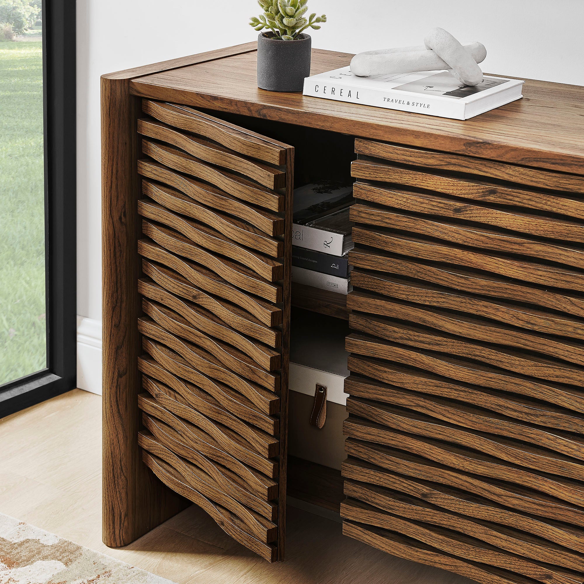 Emric Wave Accent Cabinet, Walnut