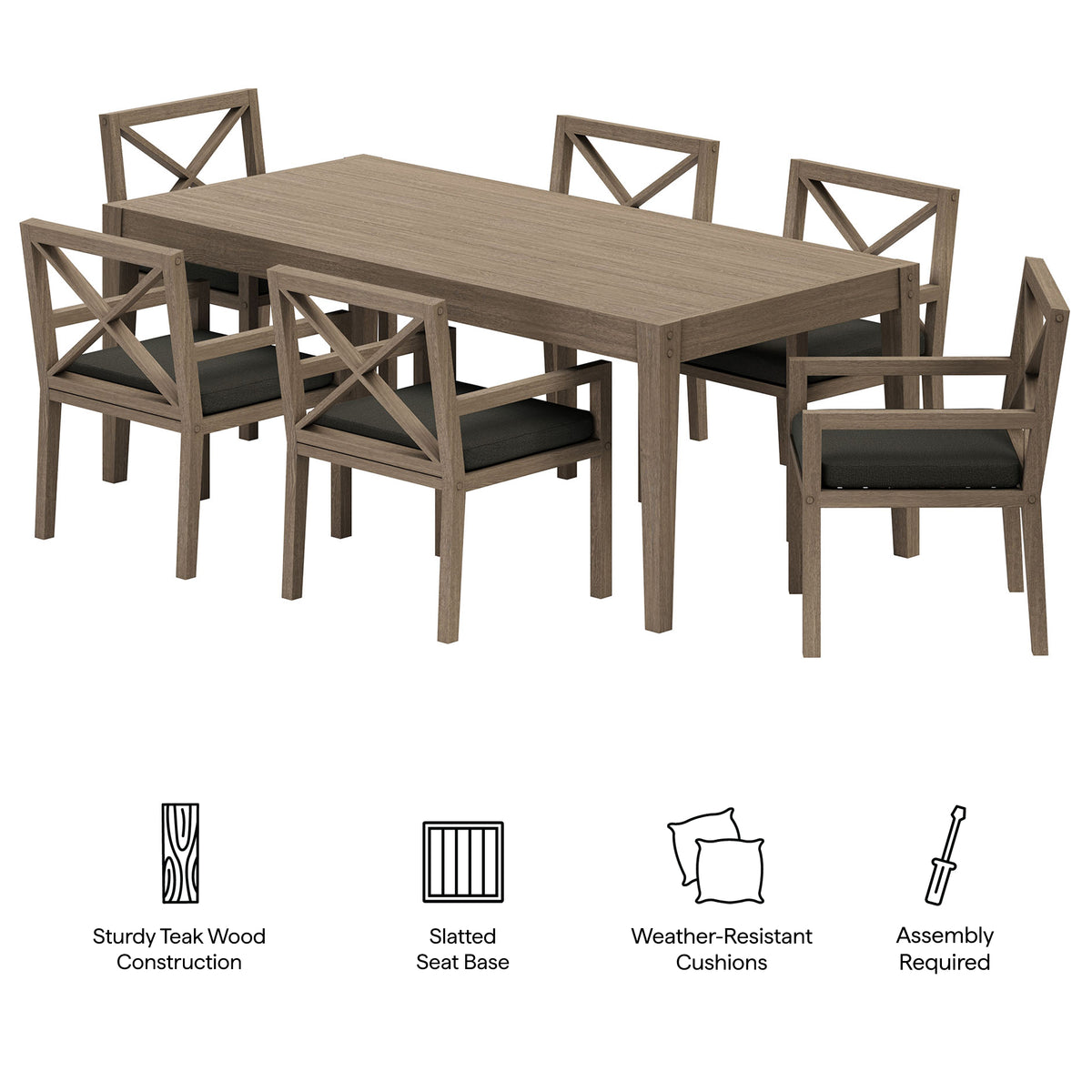 Northlake 7-Piece Outdoor Patio Teak Wood Dining Set, Flint Gray