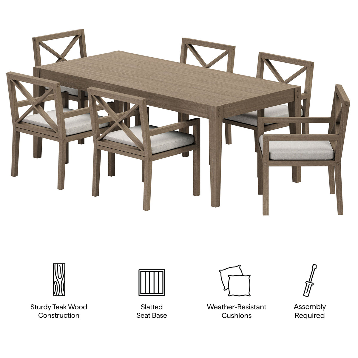 Northlake 7-Piece Outdoor Patio Teak Wood Dining Set, Pebble