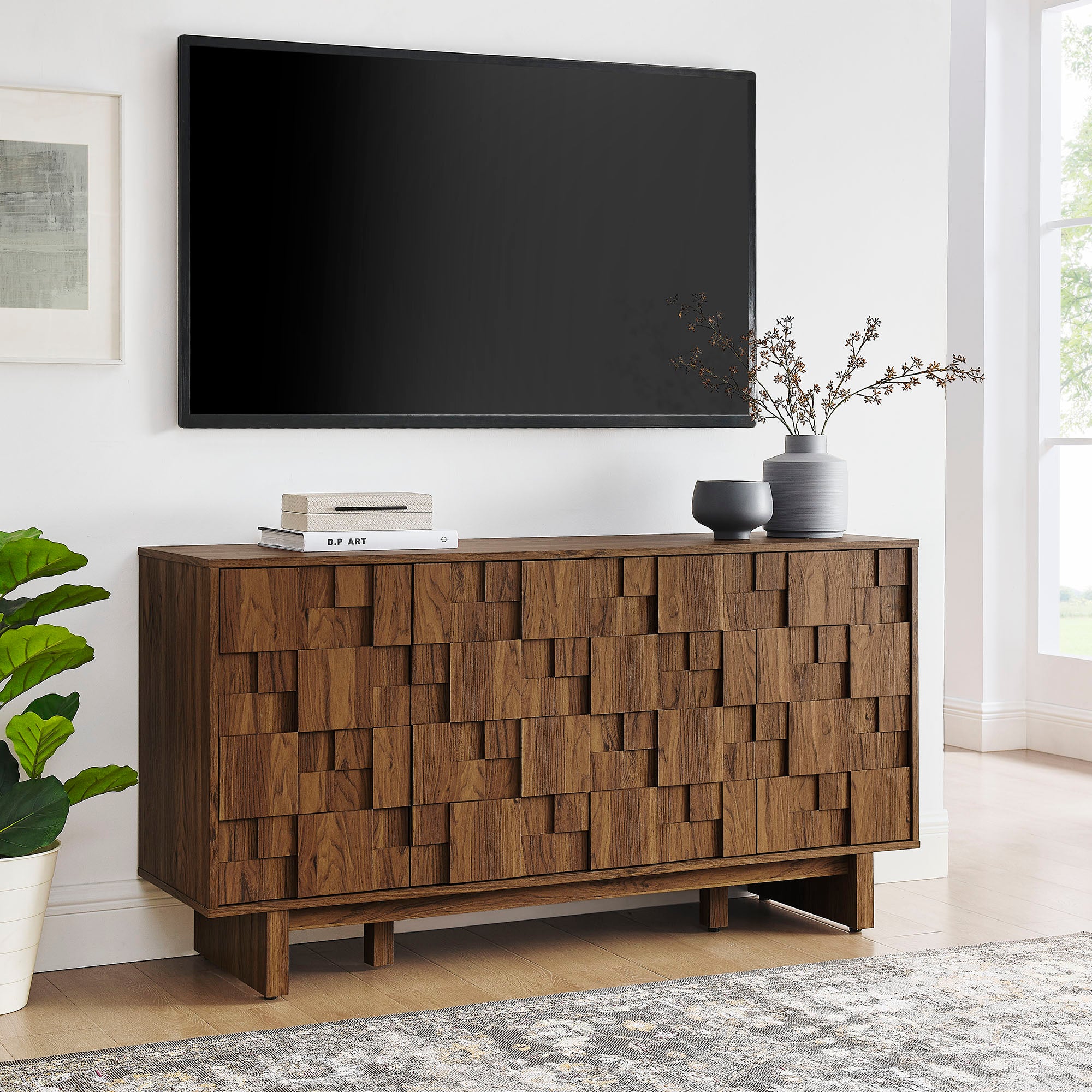 Owen 59 Inch 4 Door Geometric Sideboard, Walnut