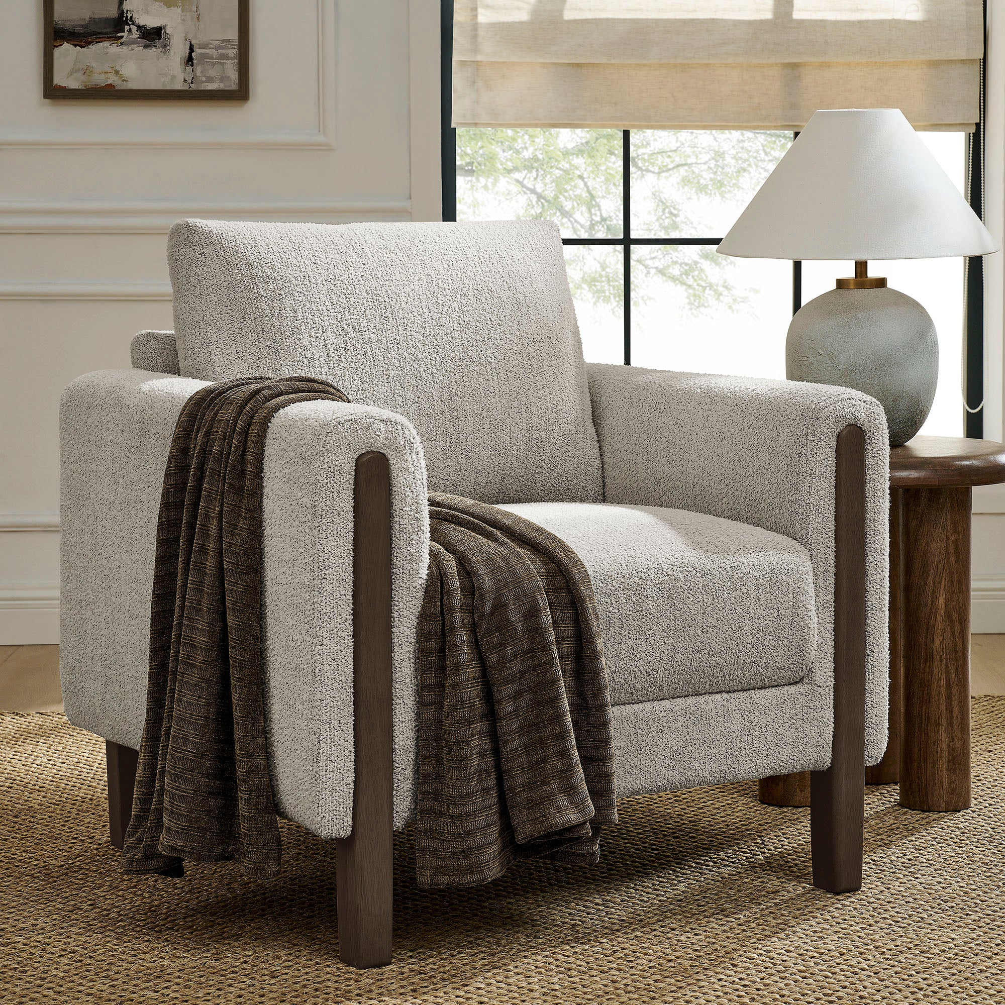 Hawken Boucle Fabric Accent Armchair, Parchment Espresso