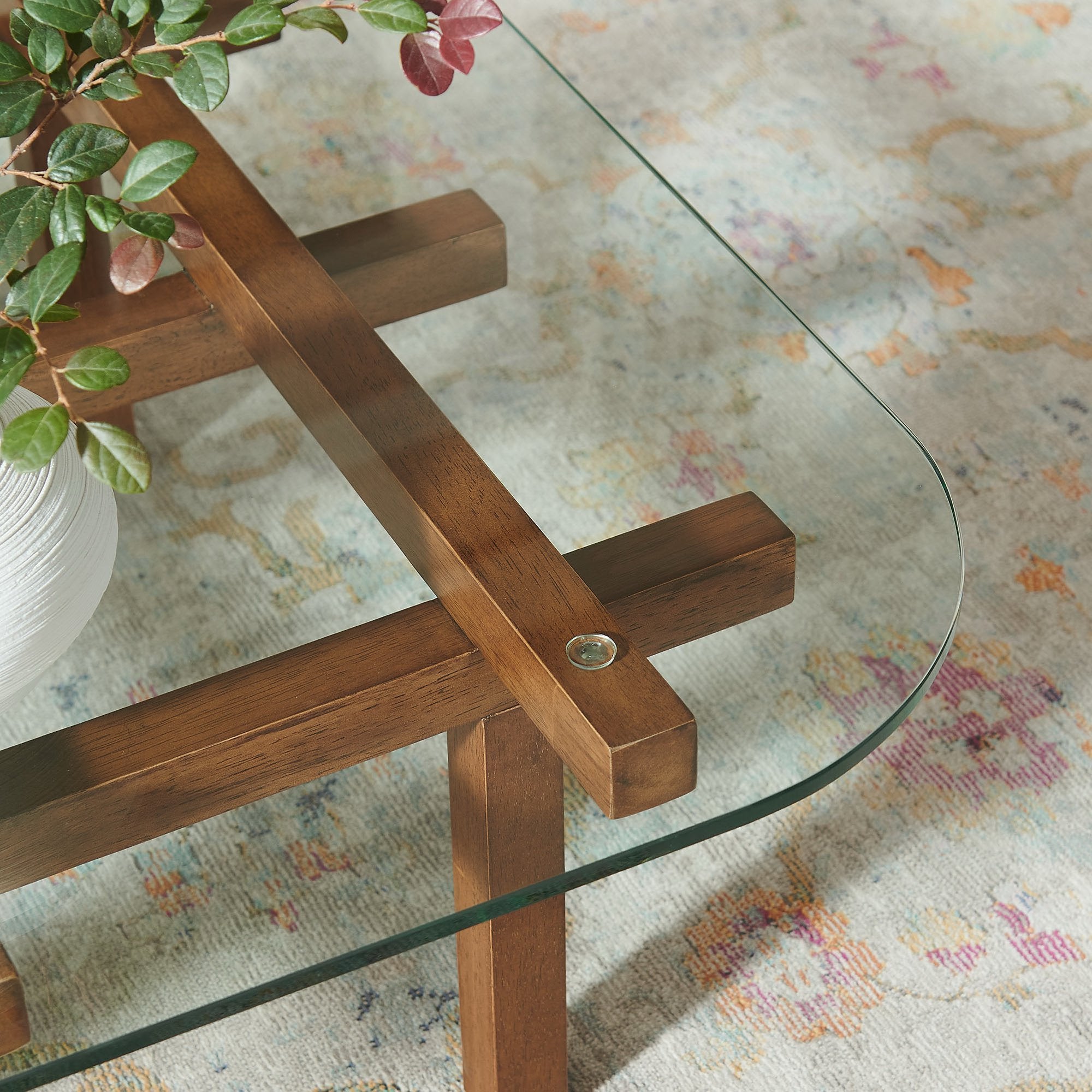 Isby 35 Inch Tempered Glass Coffee Table, Walnut