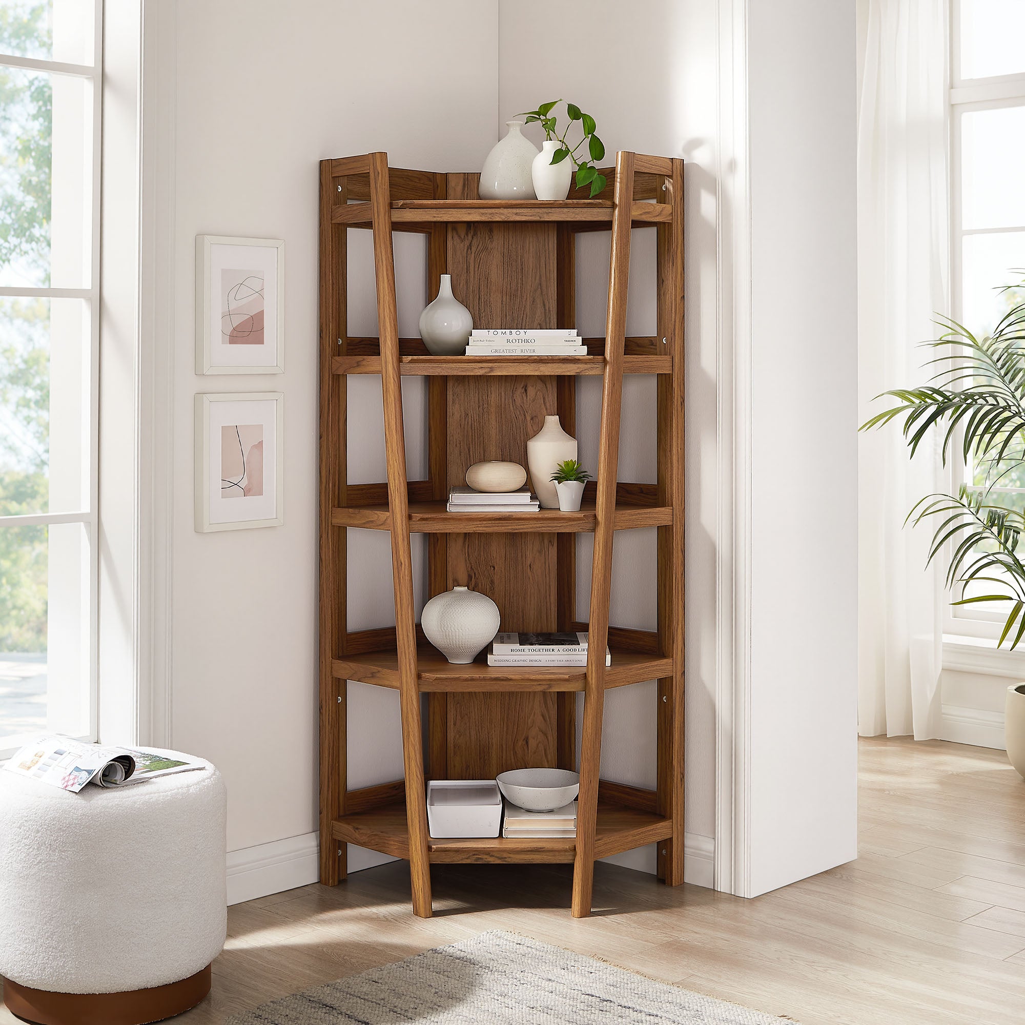 Bixby 71 Inch Corner Bookshelf, Walnut