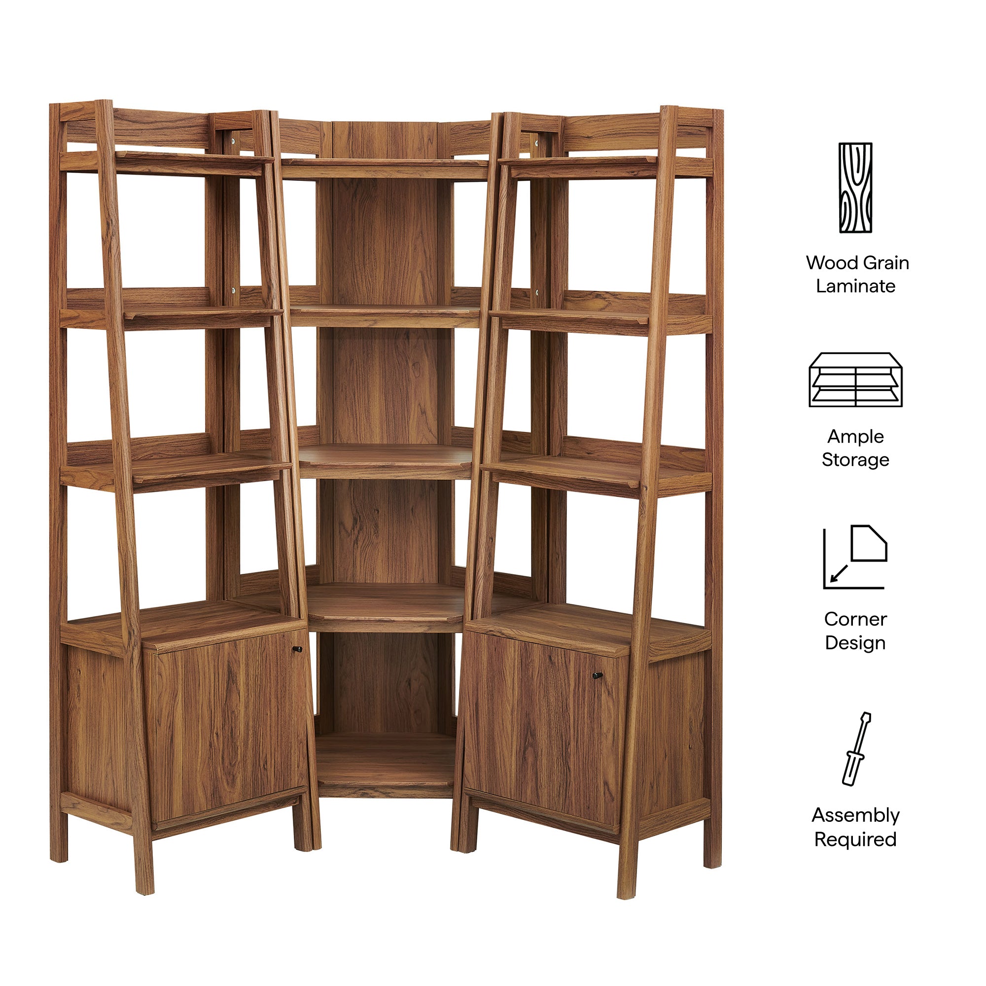 Bixby 3-piece Corner Bookshelf Set with Narrow Bookshelves, Walnut