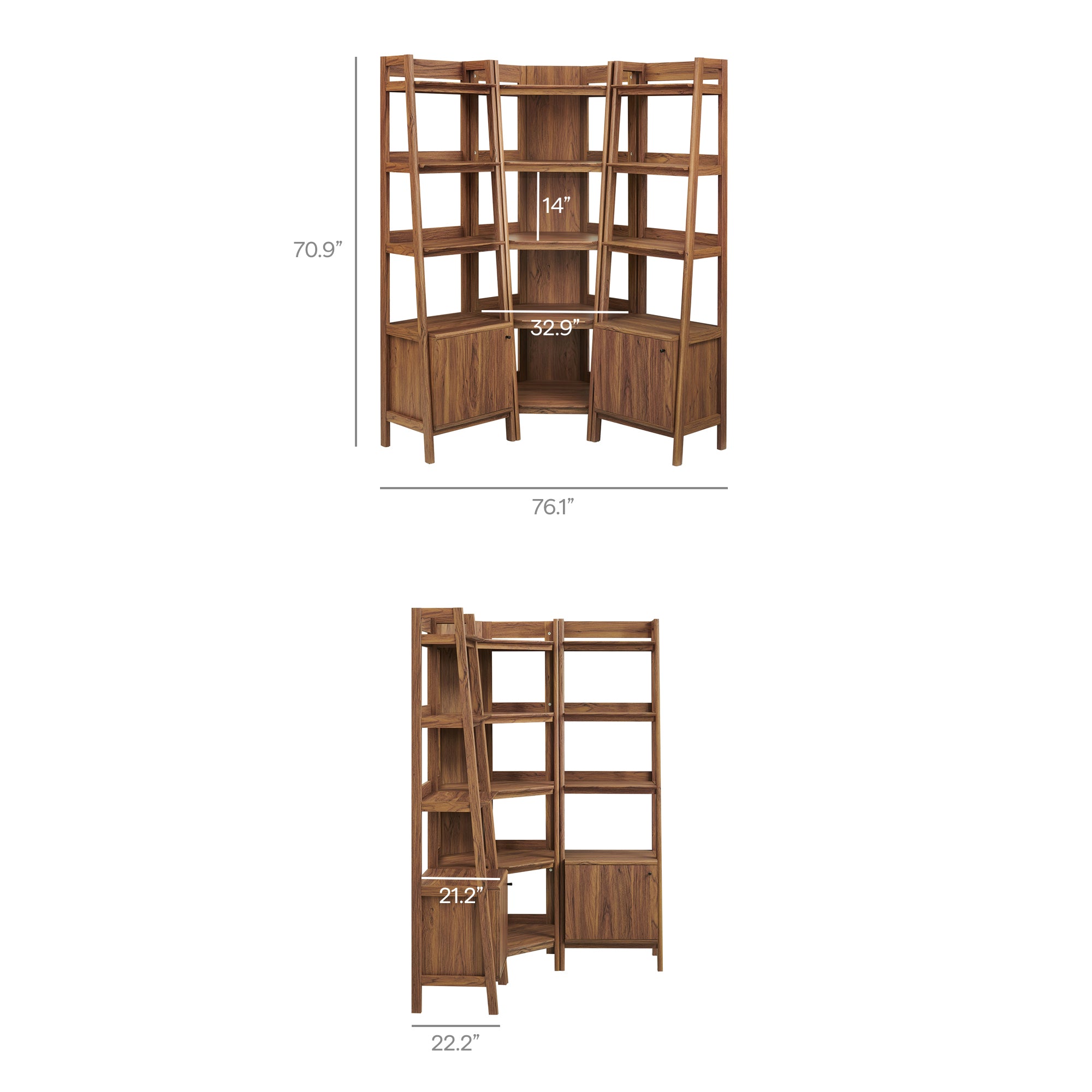 Bixby 3-piece Corner Bookshelf Set with Narrow Bookshelves, Walnut