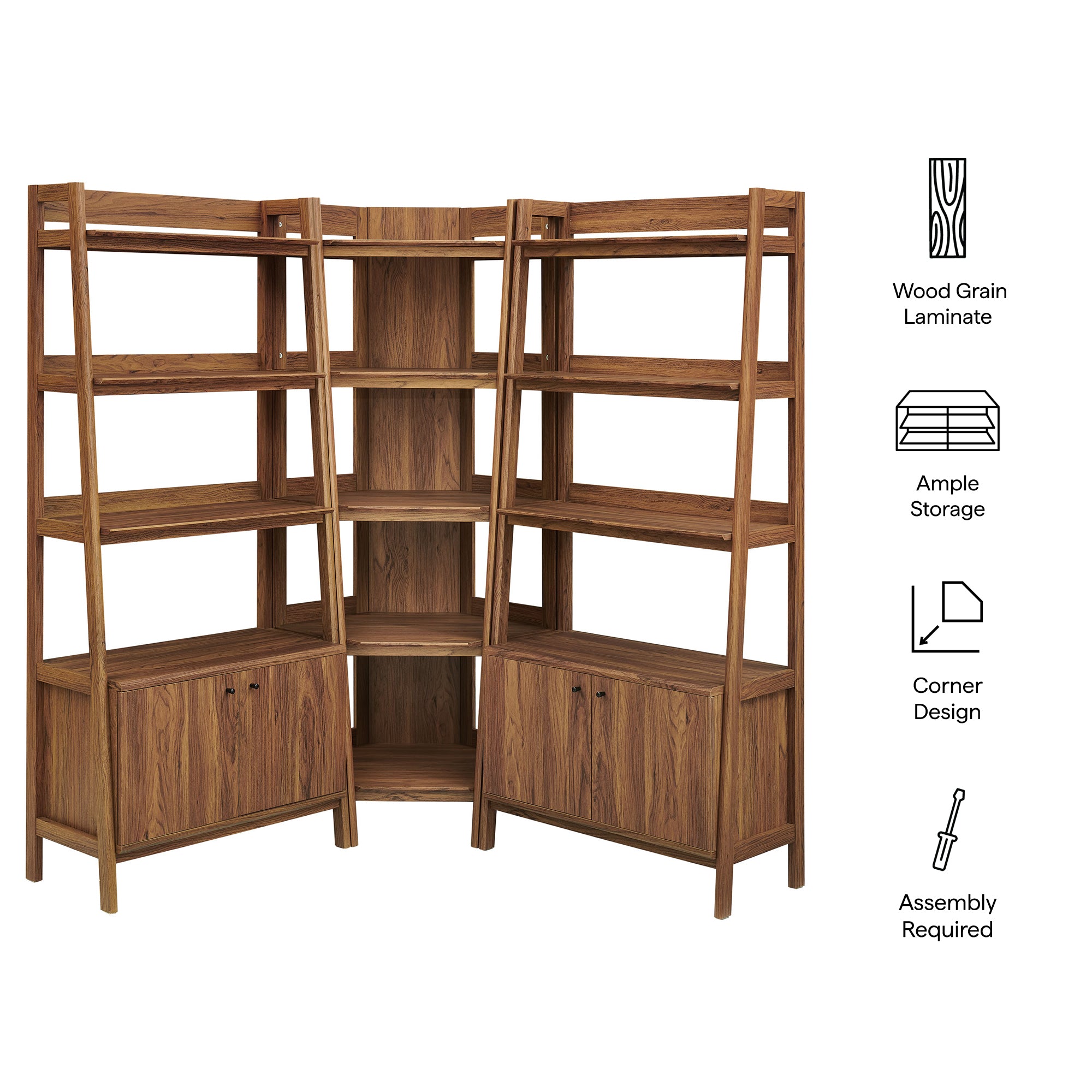 Bixby 3-Piece Corner Bookshelf Set with Wide Bookshelves, Walnut