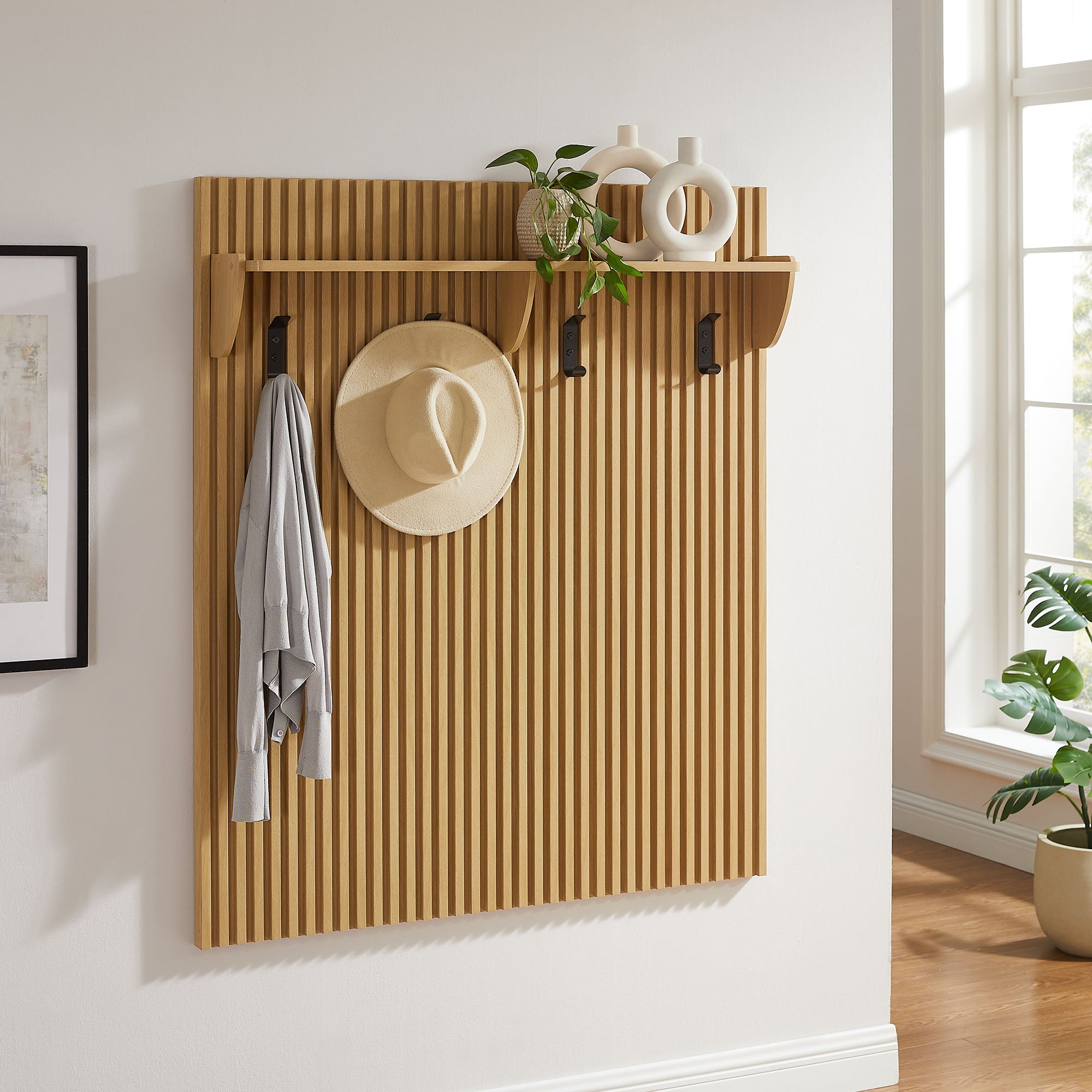 Render Fluted Coat Rack Panel With Shelf, Light Oak