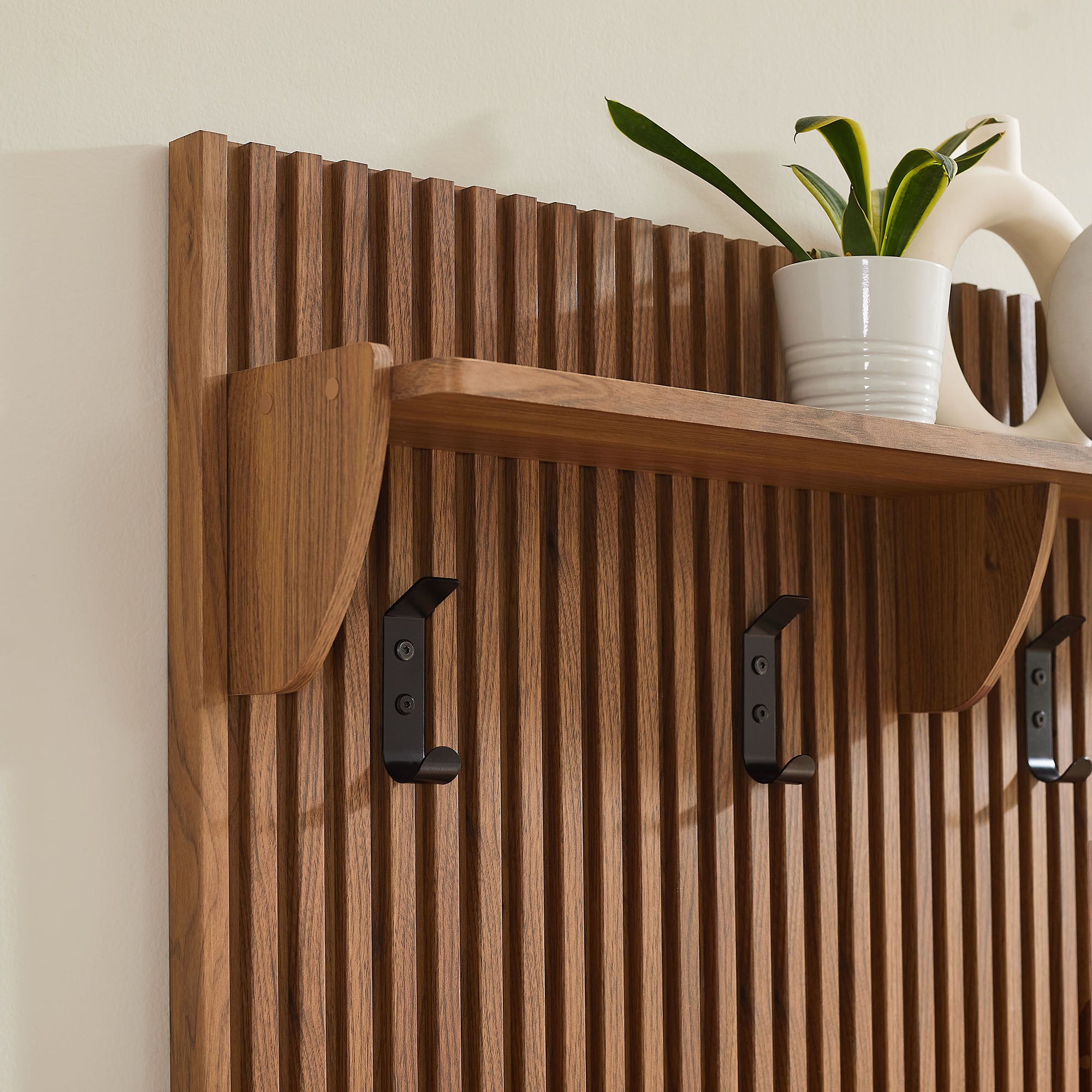 Render Fluted Coat Rack Panel With Shelf, Walnut
