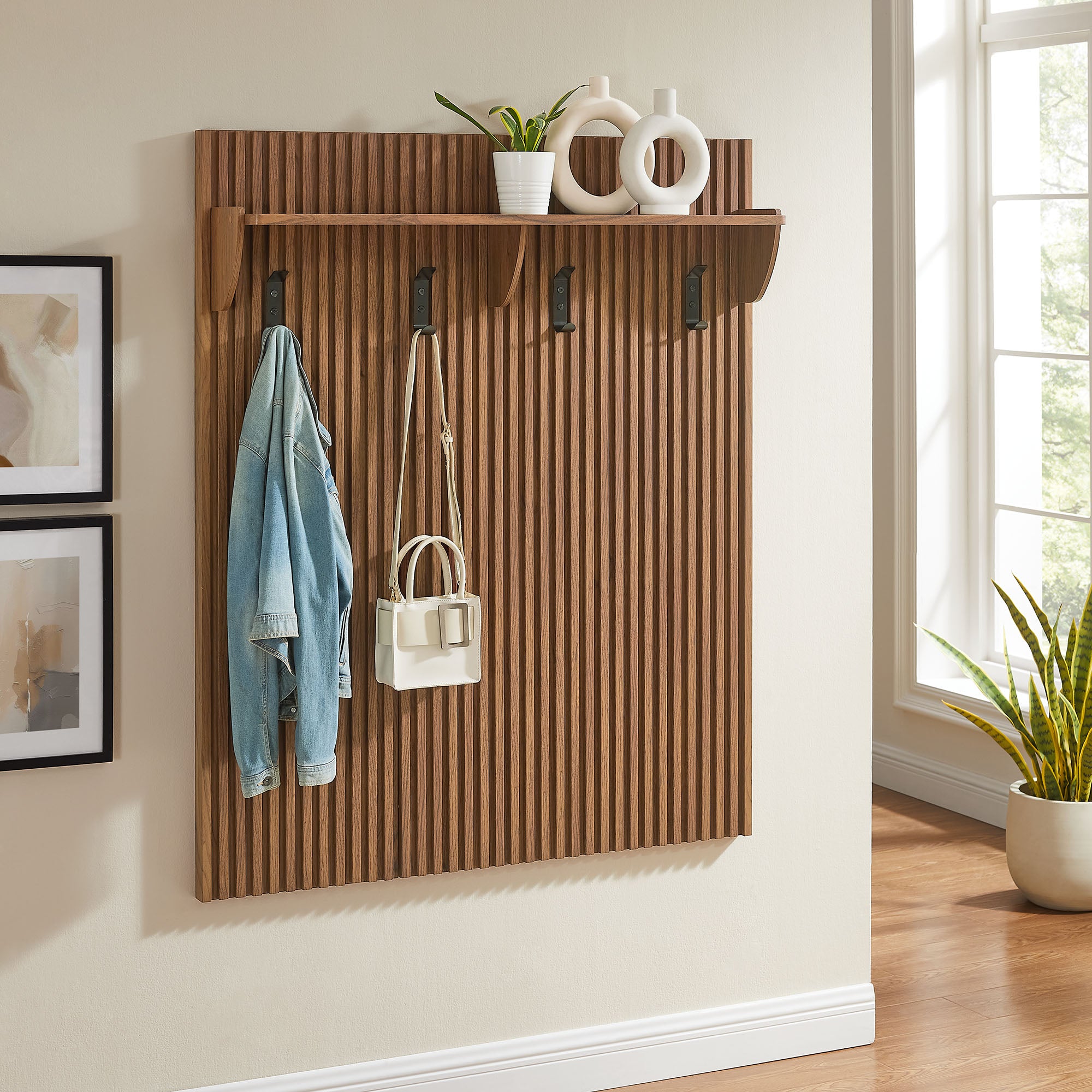 Render Fluted Coat Rack Panel With Shelf, Walnut