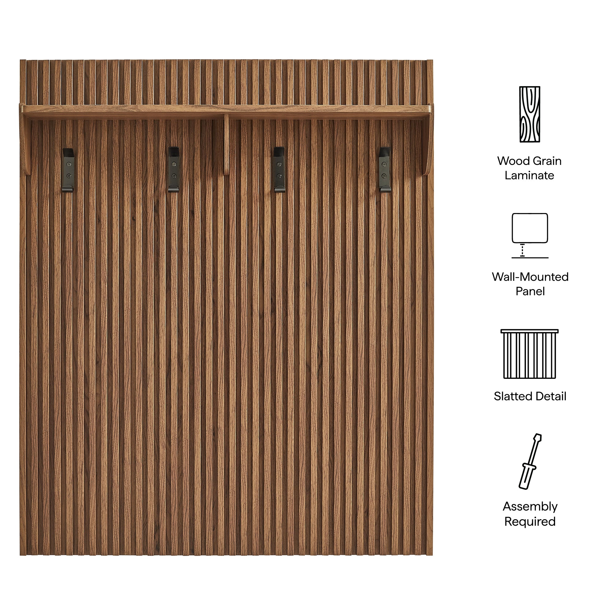 Render Fluted Coat Rack Panel With Shelf, Walnut