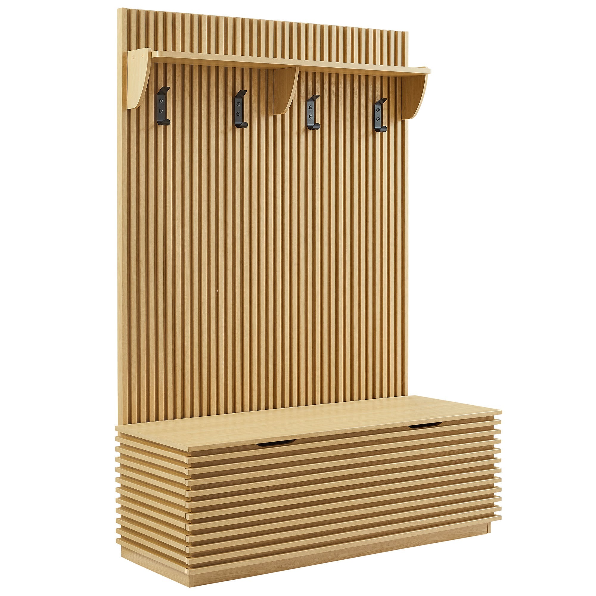 Render Fluted 3-in-1 Hall Tree With Storage Bench and Coat Rack, Oak