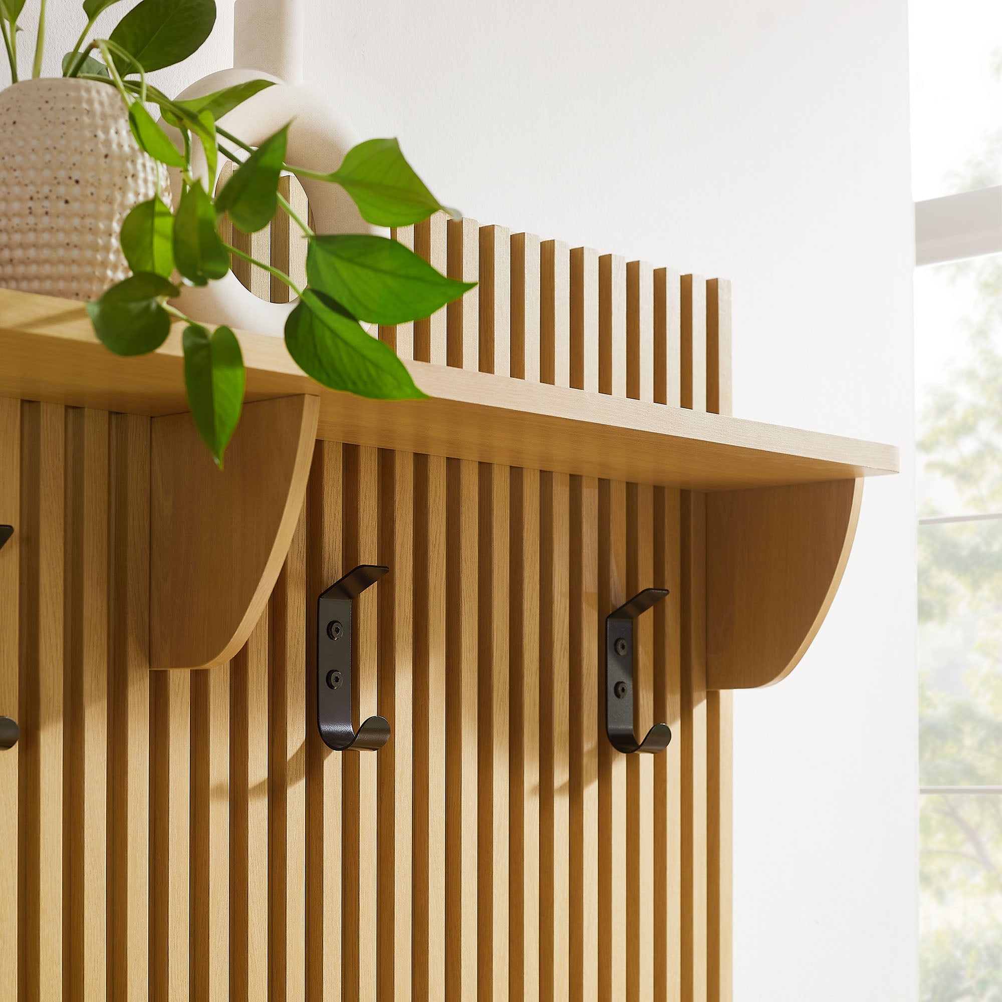Render Fluted 3-in-1 Hall Tree With Storage Bench and Coat Rack, Oak