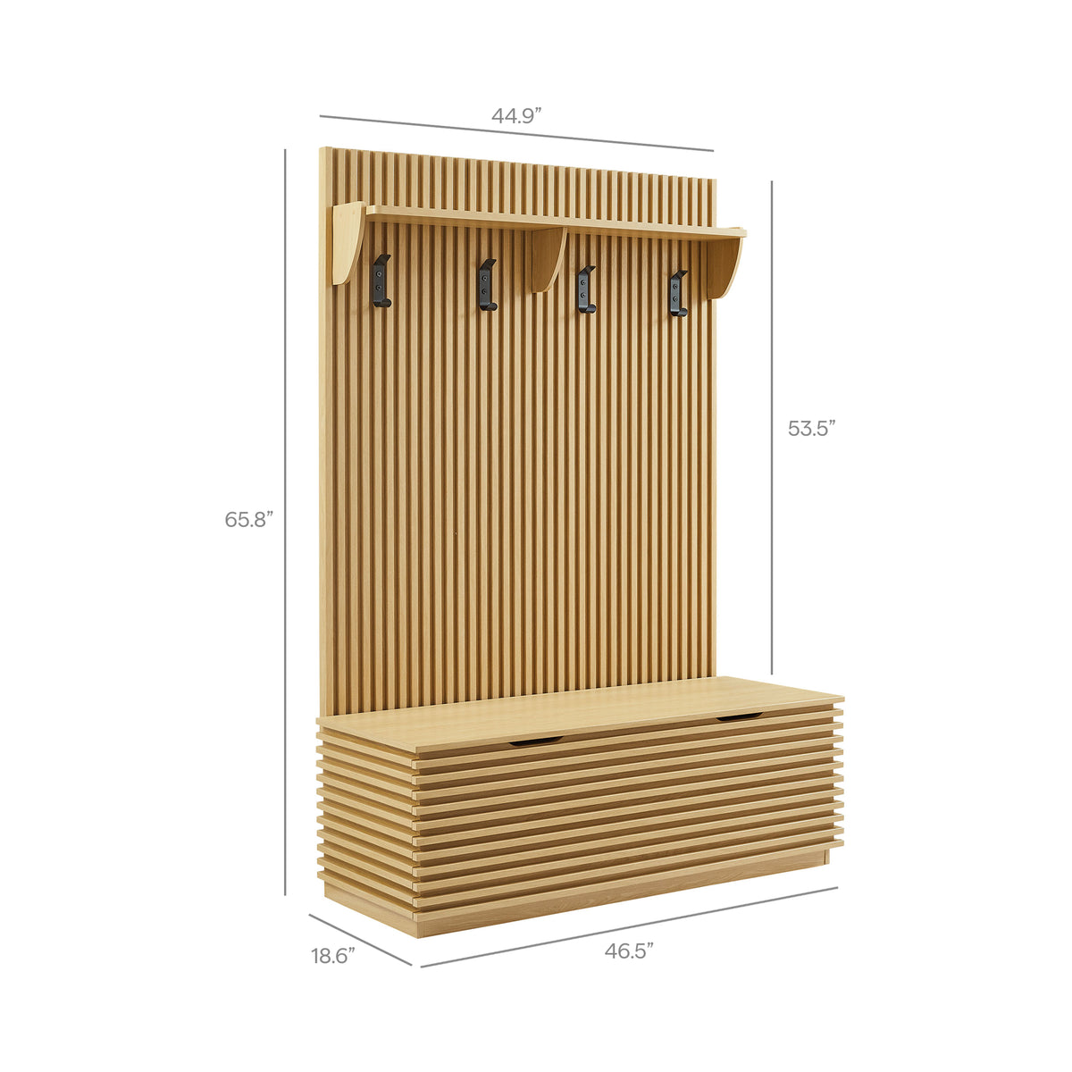 Render Fluted 3-in-1 Hall Tree With Storage Bench and Coat Rack, Oak