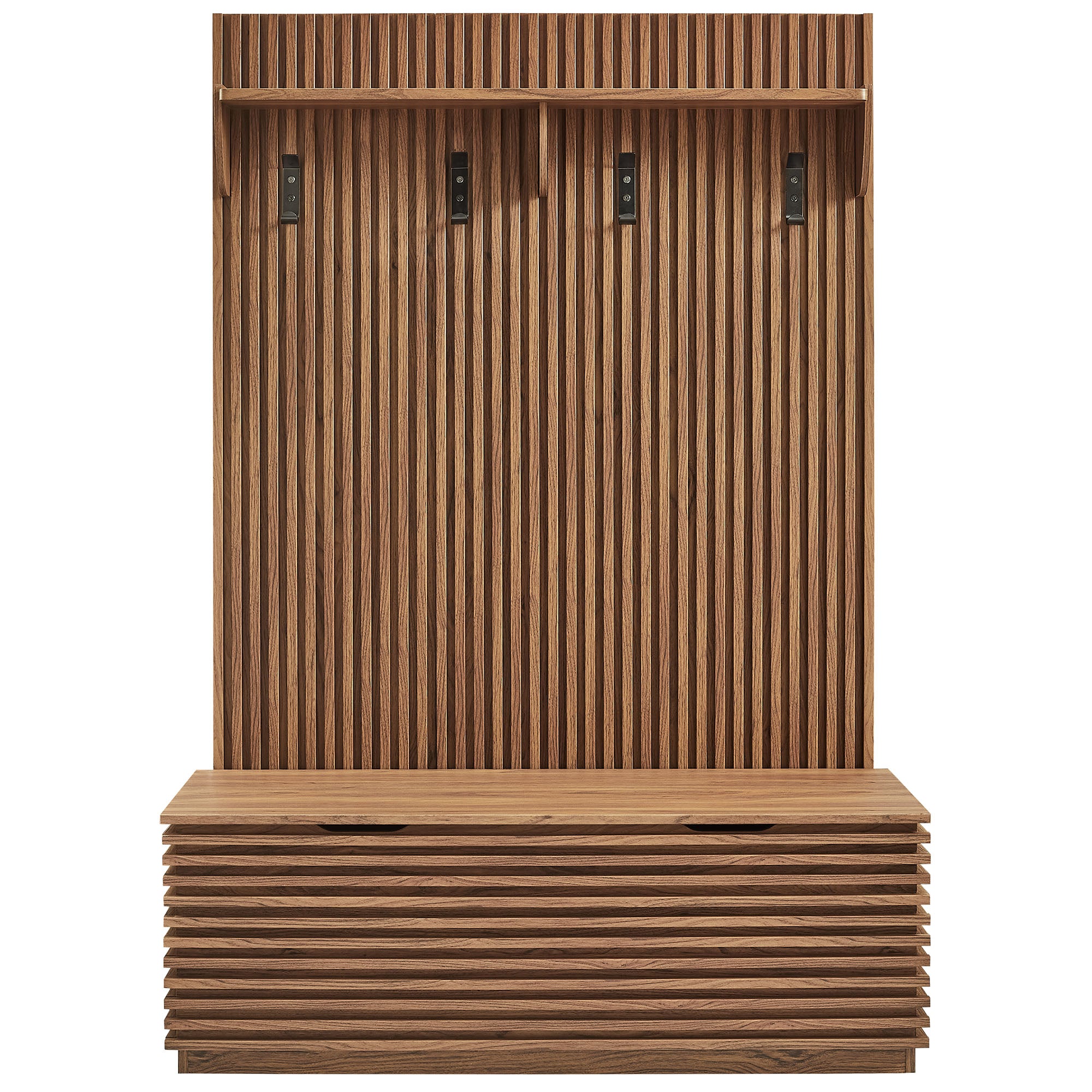 Render Fluted 3-in-1 Hall Tree With Storage Bench and Coat Rack, Walnut