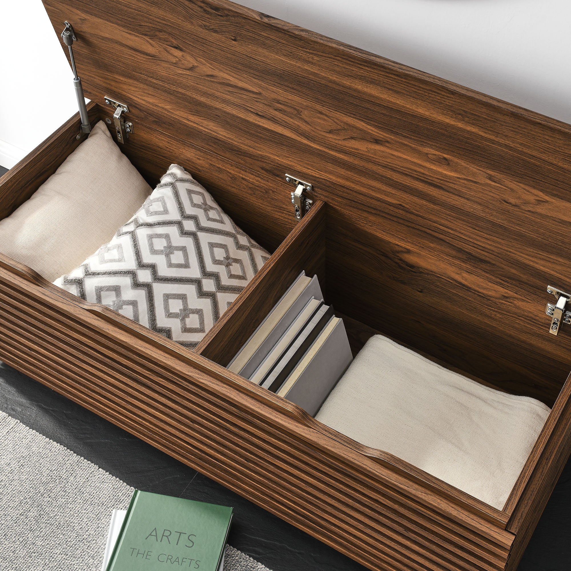 Render Fluted 3-in-1 Hall Tree With Storage Bench and Coat Rack, Walnut